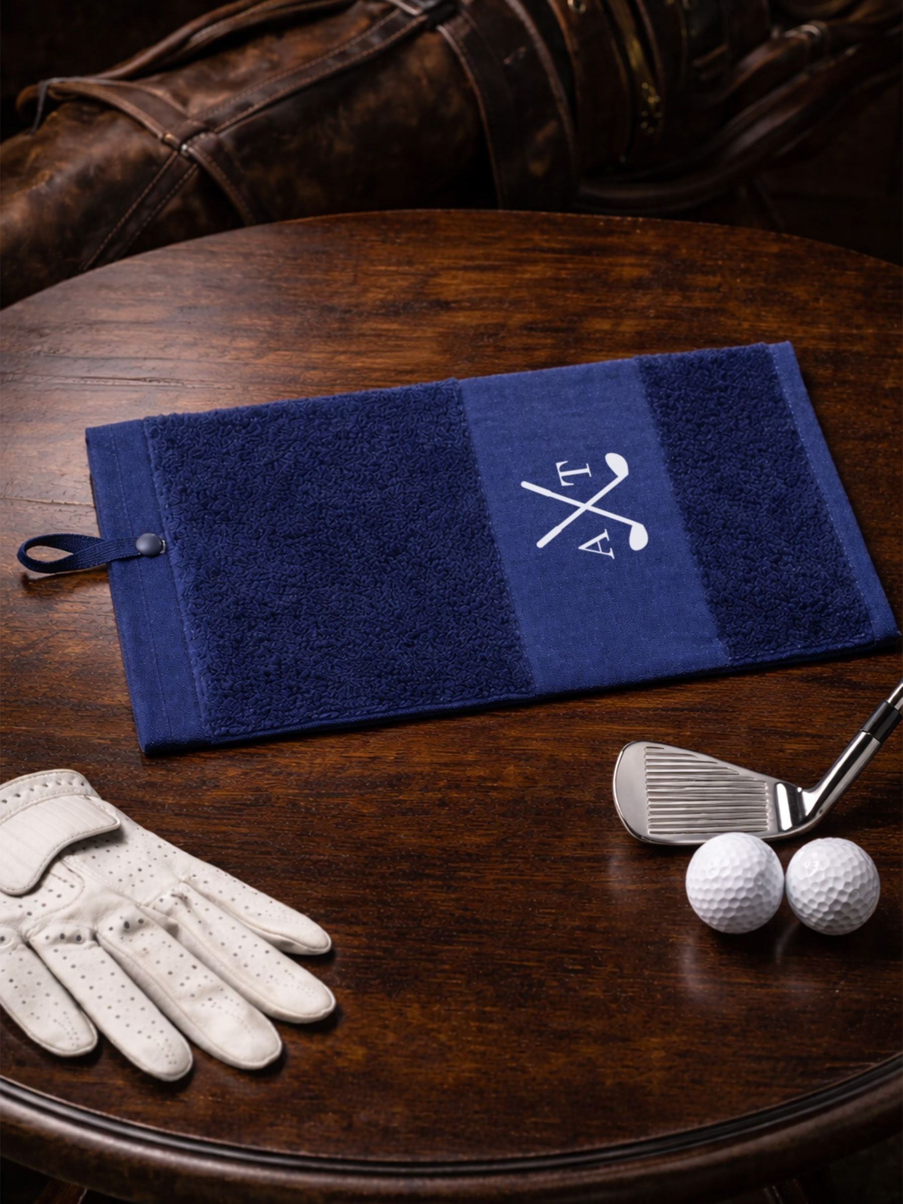 Loveabode personalised navy golf towel, UK version