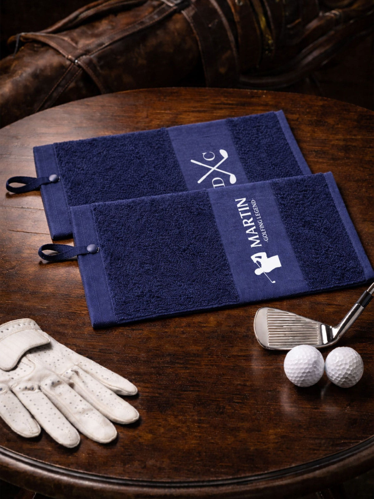 Loveabode personalised navy golf towel, UK version