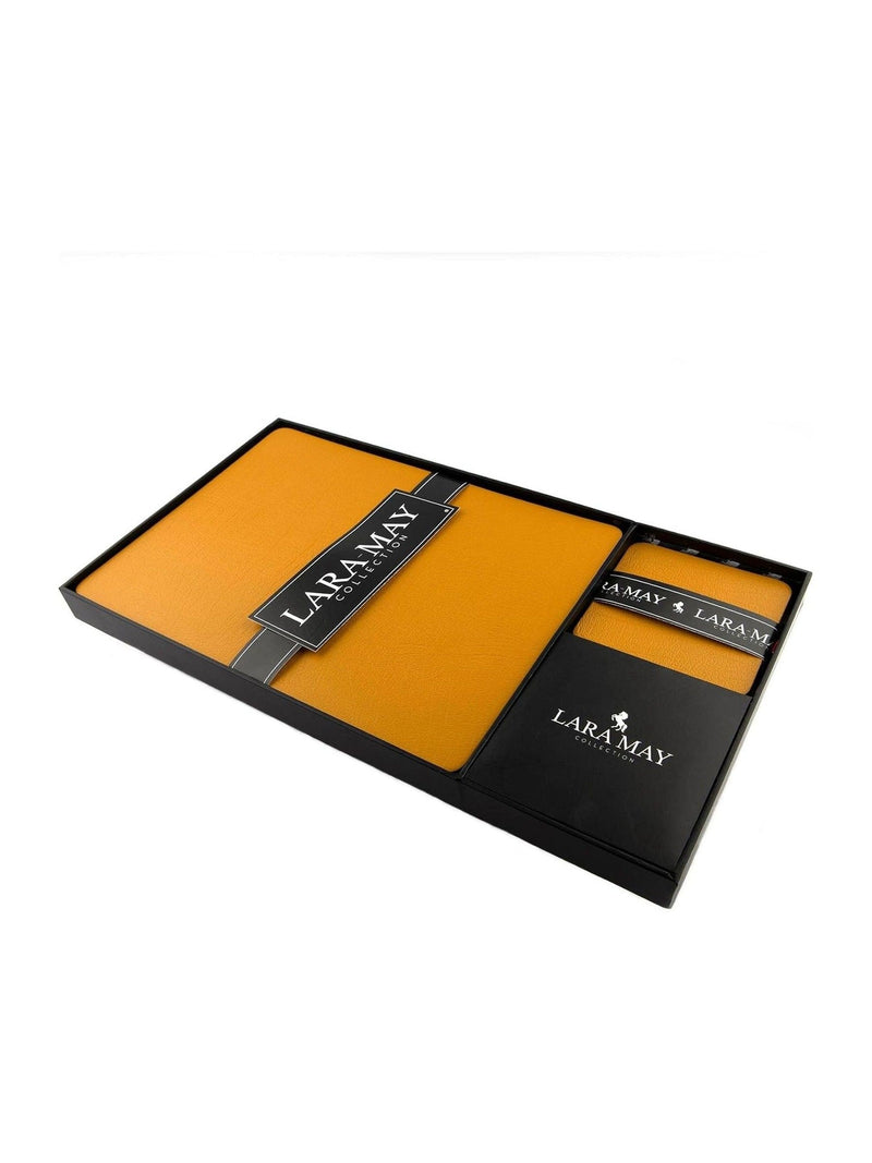 Lara-May mustard yellow leather placemat and coaster set, UK version