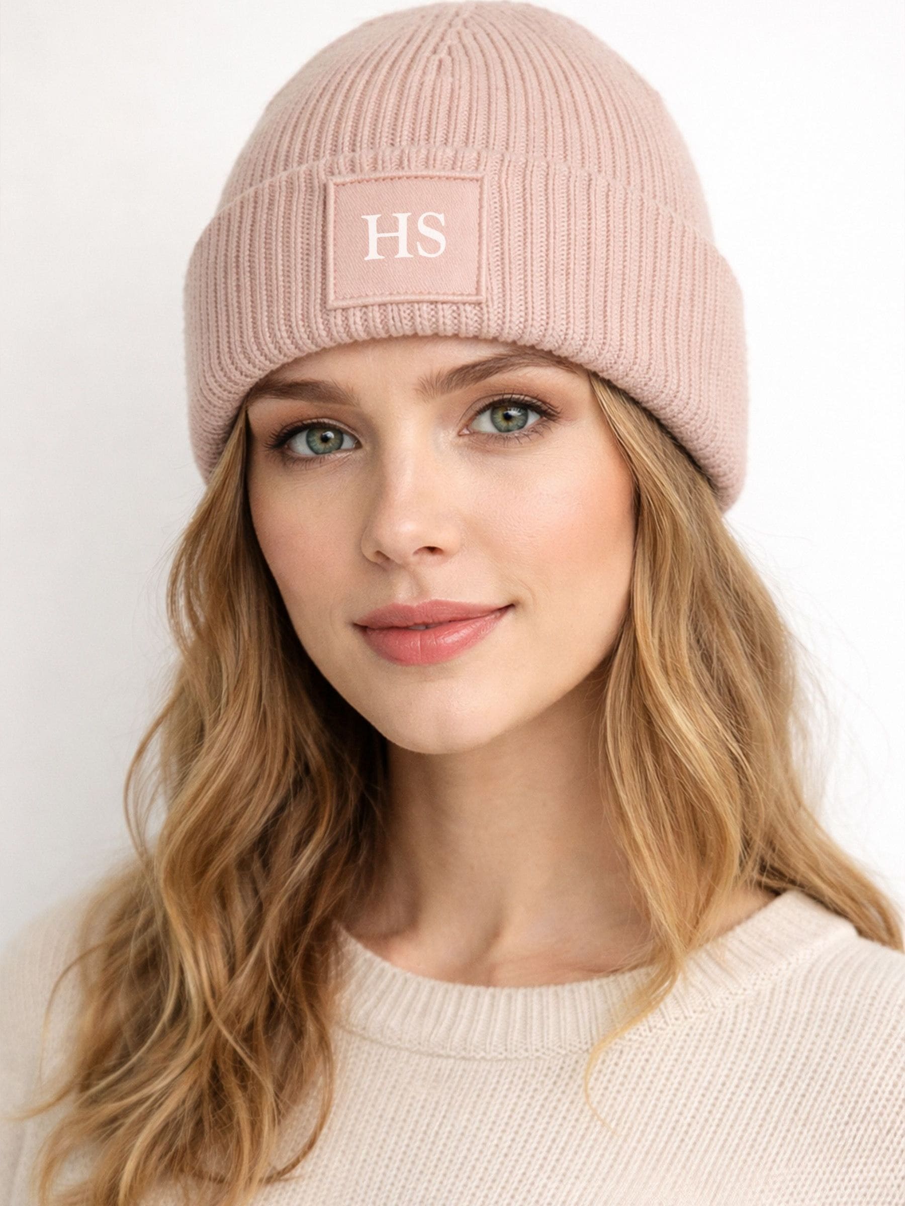 Loveabode Personalised Dusty Blue Cuffed Beanie Hat with Tonal Initials Patch