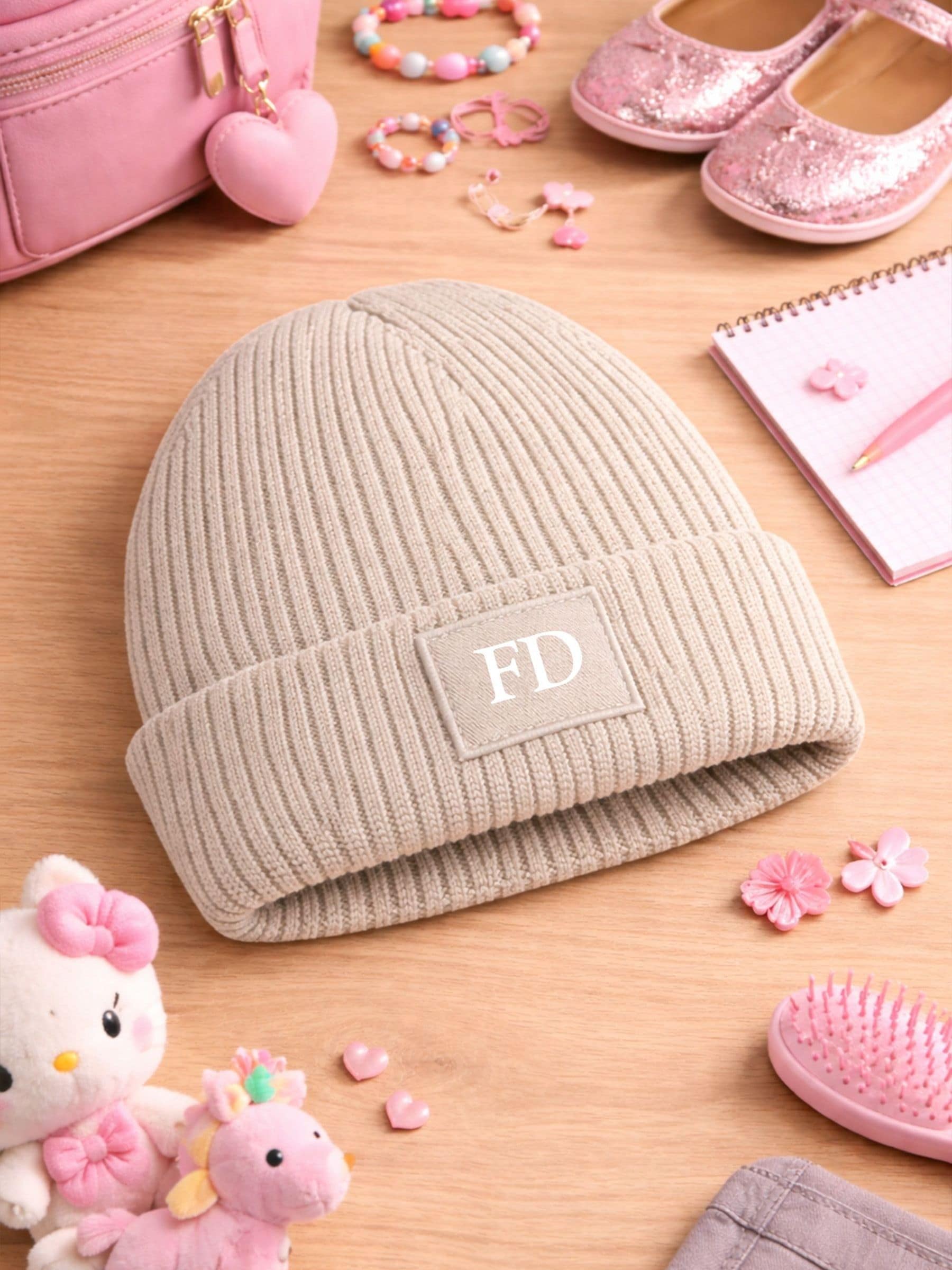 Loveabode personalised peach kids beanie hat ages 3-8 (British brand)