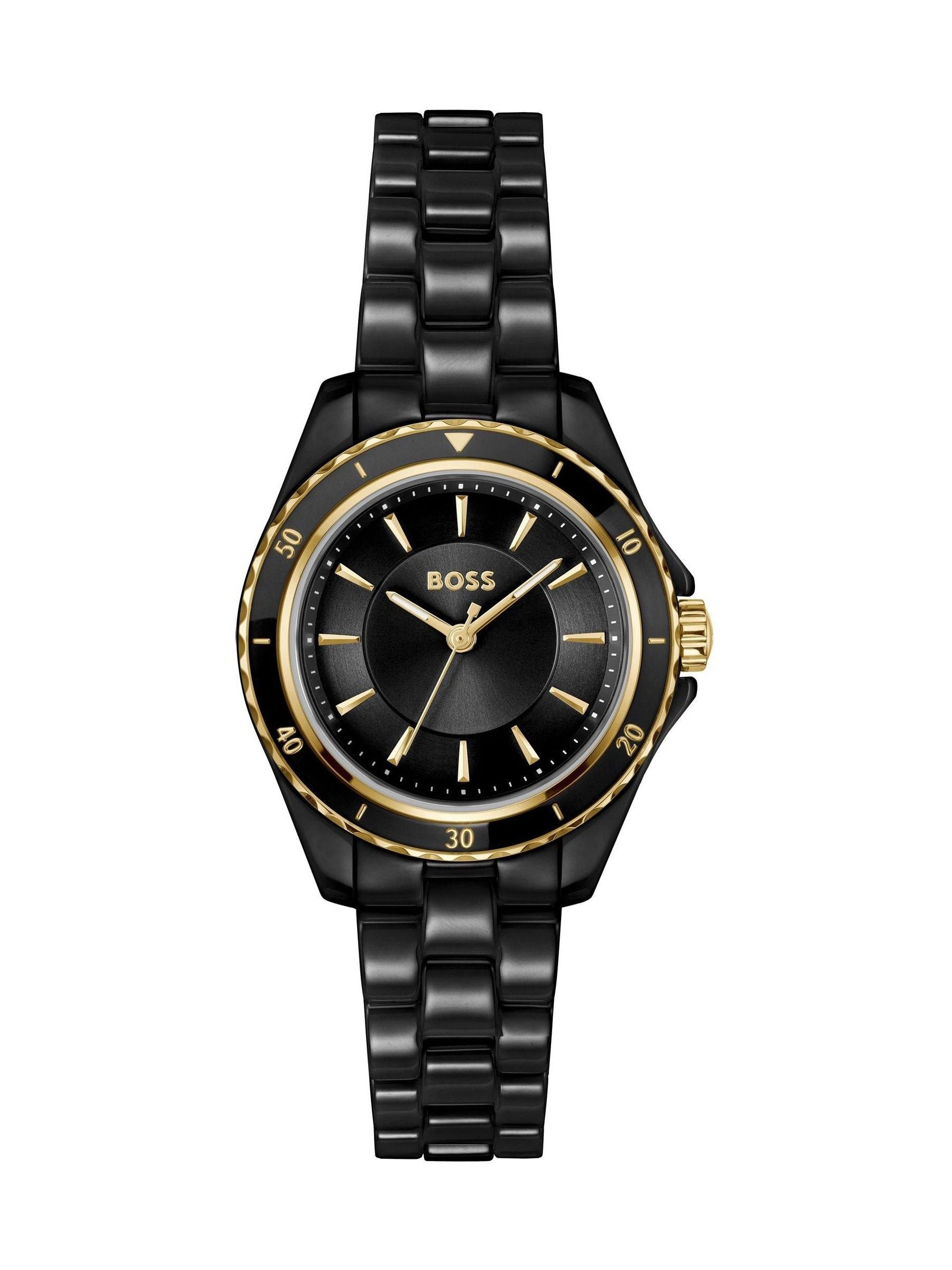 BOSS women's black ceramic watch with sunray dial, UK version