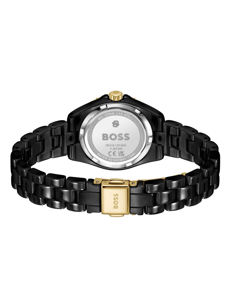 BOSS women's black ceramic watch with sunray dial, UK version