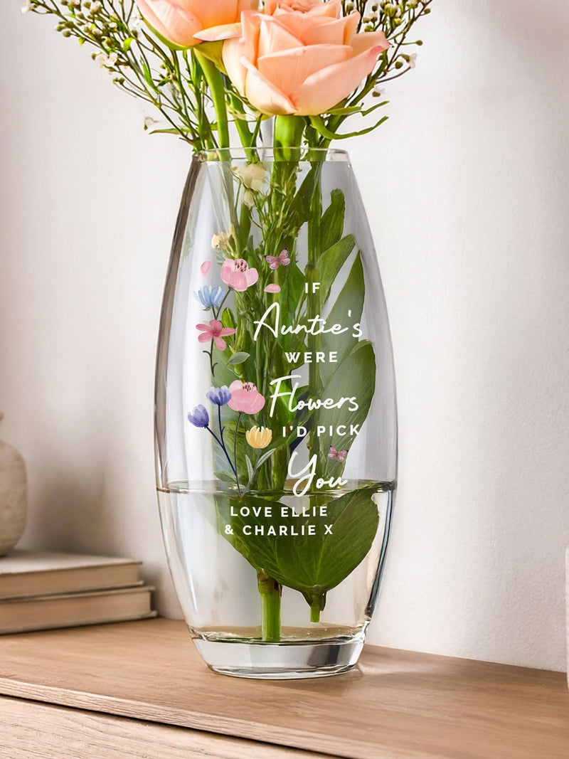 PMC personalised glass flower vase 10cm tall, imported from the UK