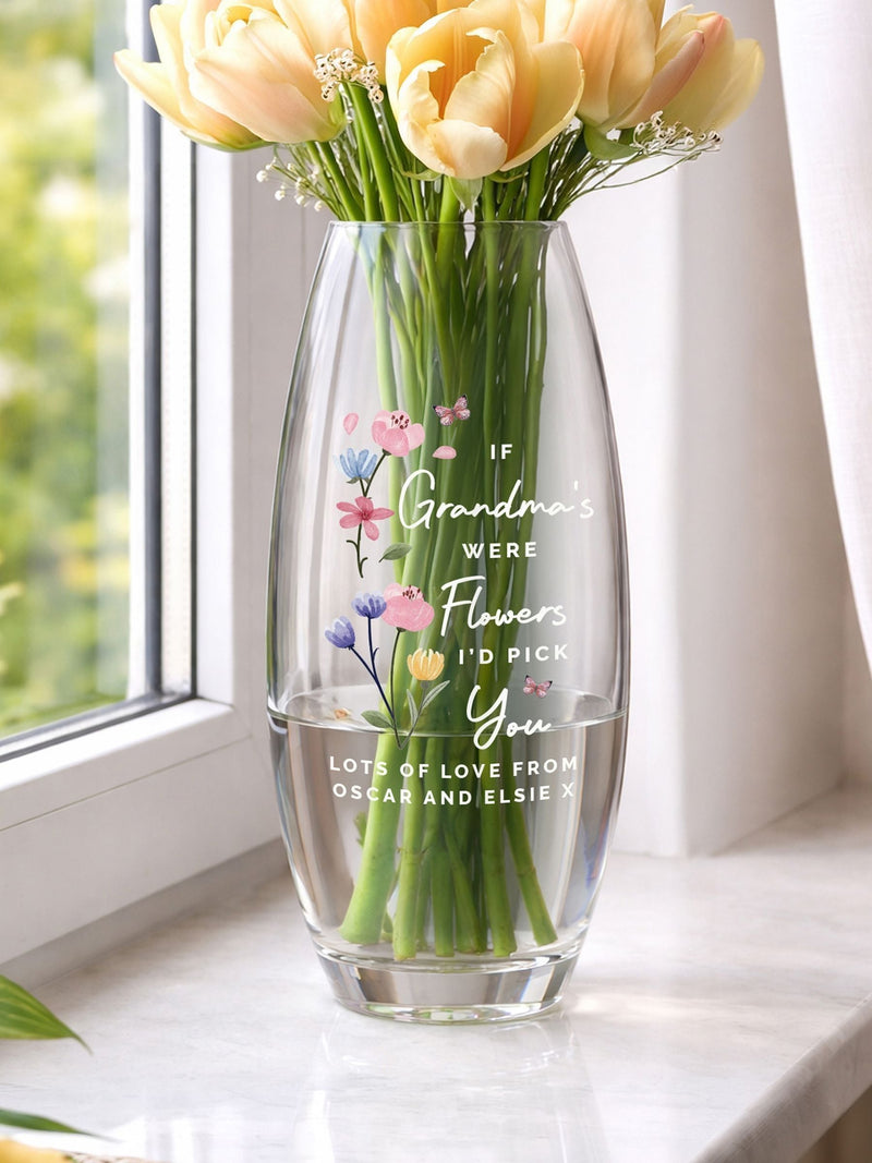 PMC personalised glass flower vase 10cm tall, imported from the UK
