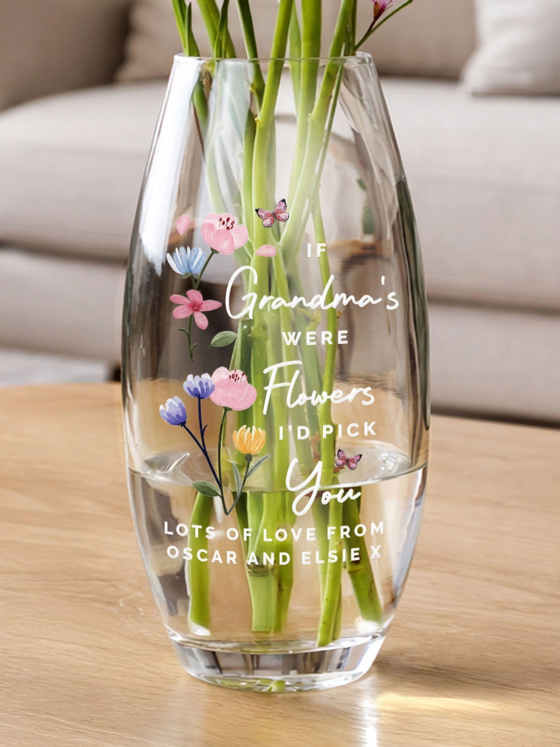 PMC personalised glass flower vase 10cm tall, imported from the UK