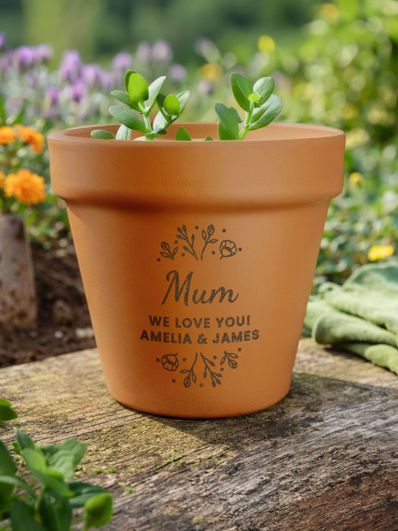 PMC personalised floral terracotta plant pot 15cm, UK version