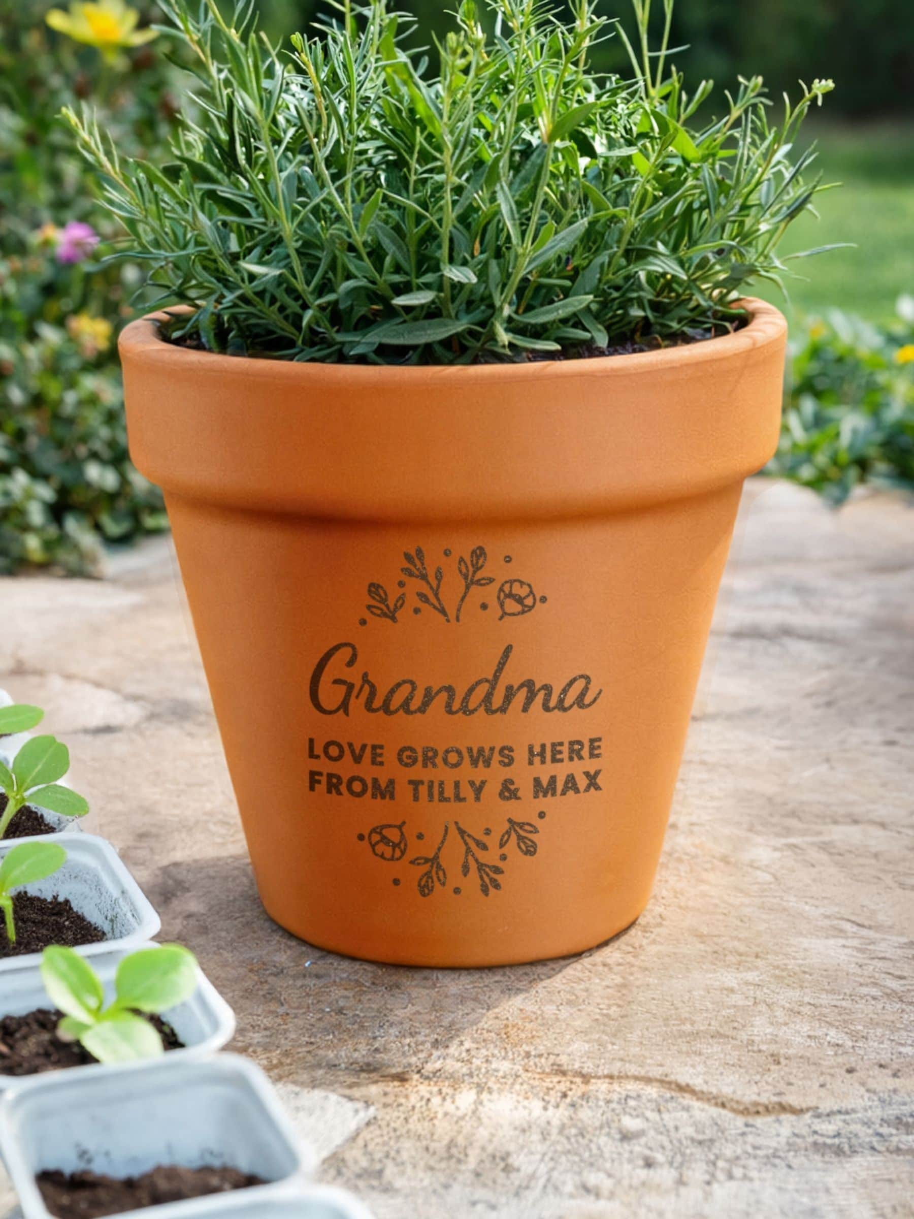 PMC personalised floral terracotta plant pot 15cm, UK version