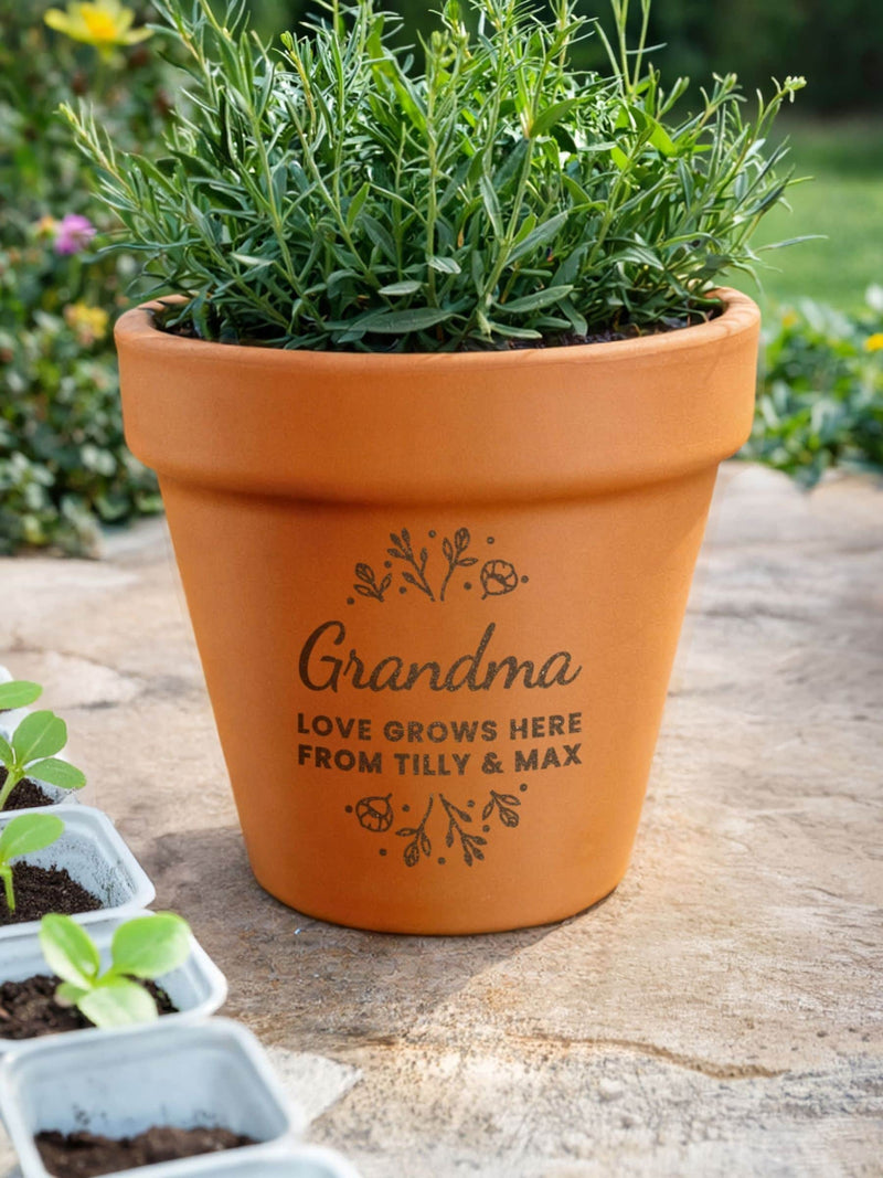 PMC personalised floral terracotta plant pot 15cm, UK version