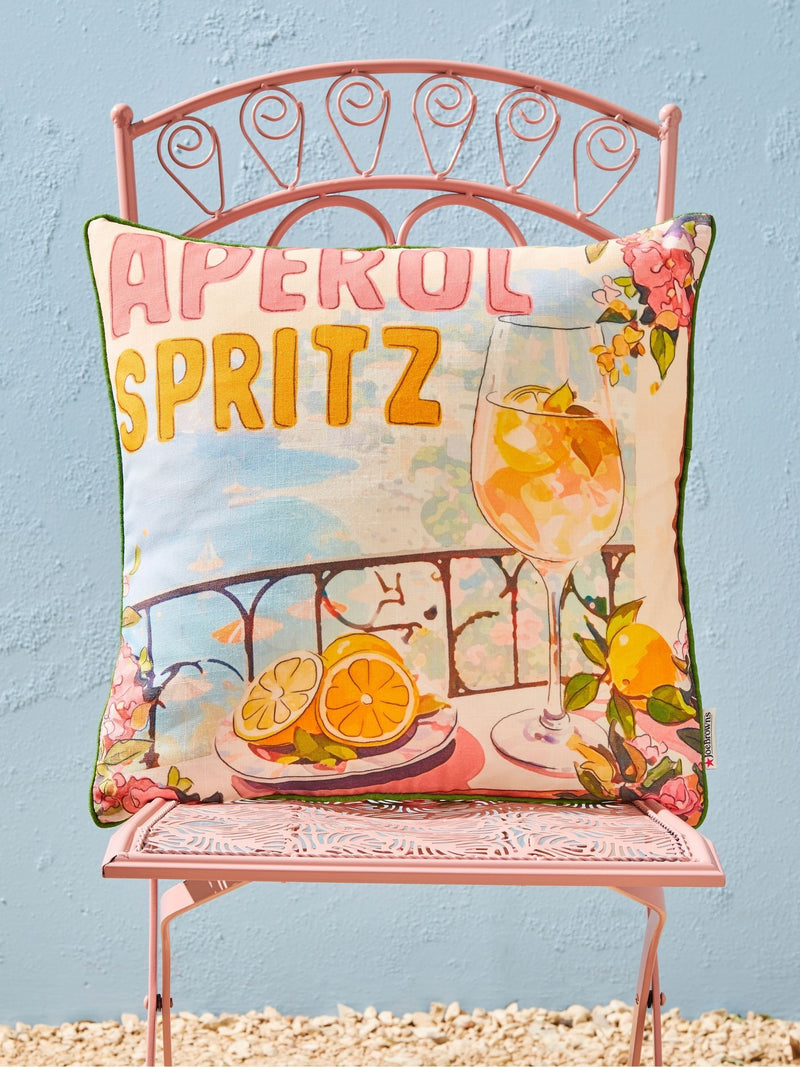 Joe Browns garden cushion Orange Aperol Spritz design, imported from the UK