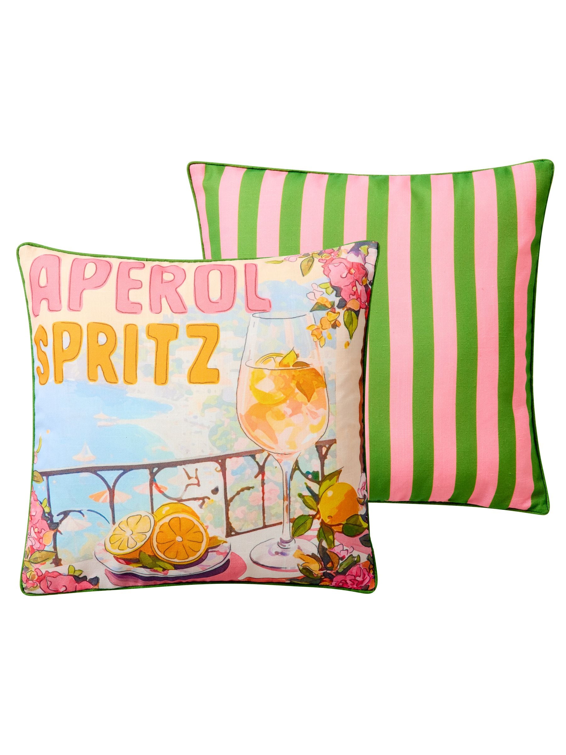 Joe Browns garden cushion Orange Aperol Spritz design, imported from the UK