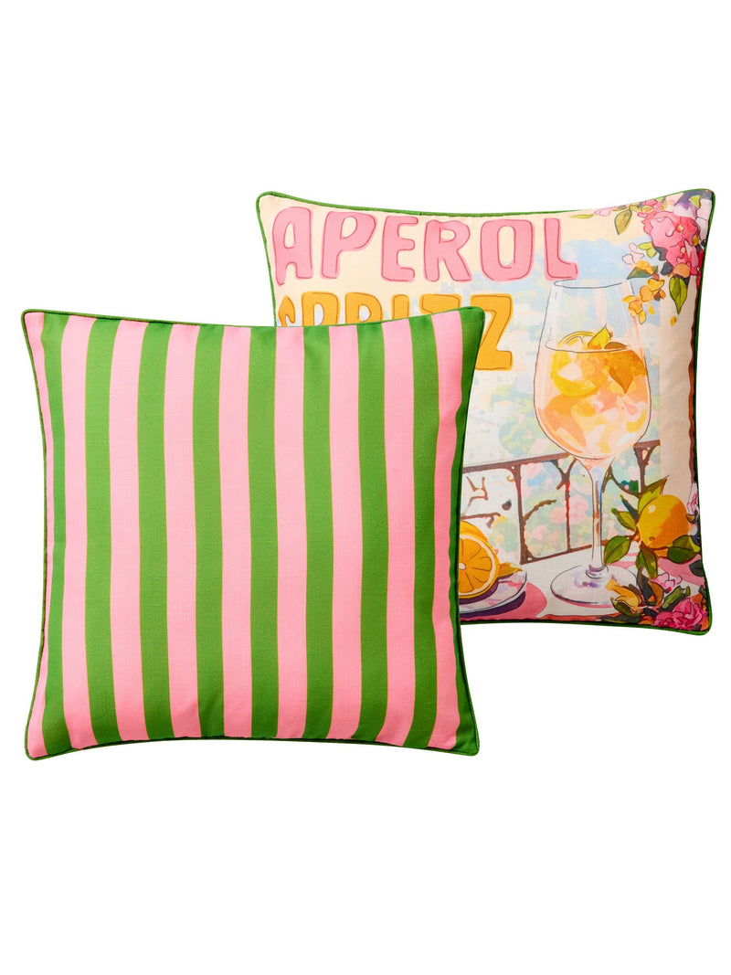 Joe Browns garden cushion Orange Aperol Spritz design, imported from the UK