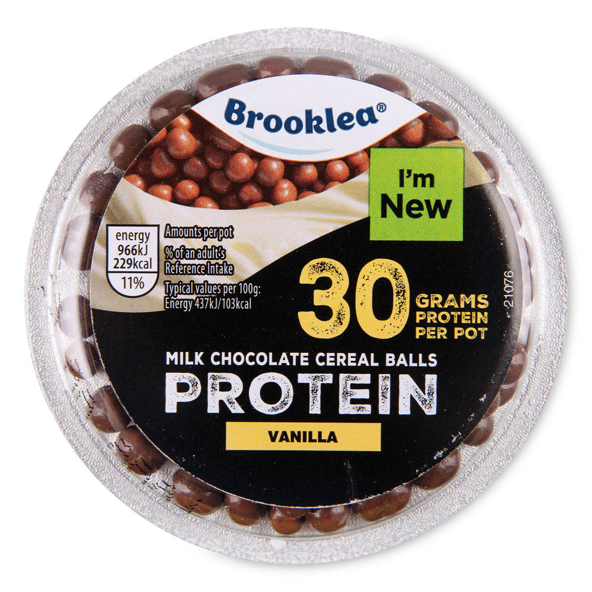 Vanilla flavoured protein yogurt with milk chocolate balls (British brand)