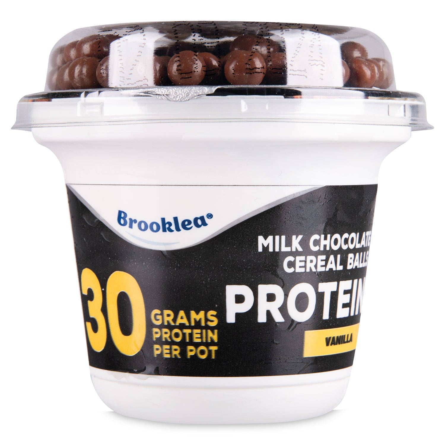 Vanilla flavoured protein yogurt with milk chocolate balls (British brand)