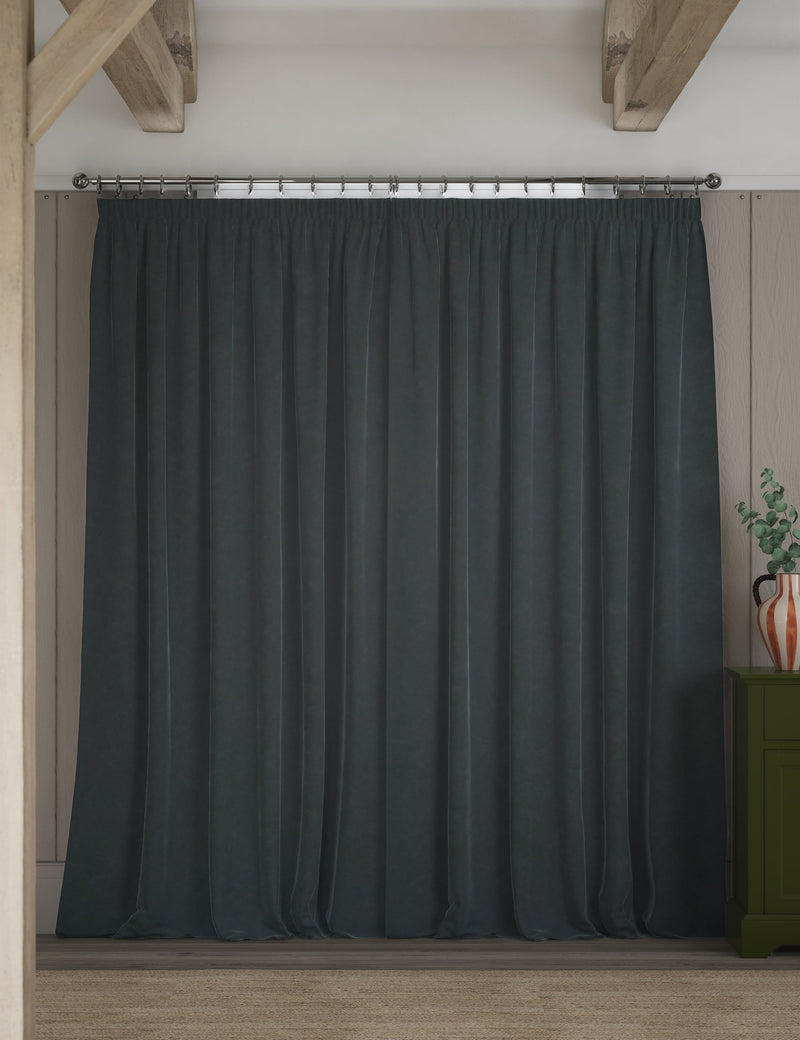 Velvet pencil pleat curtains with thermal lining, imported from the UK