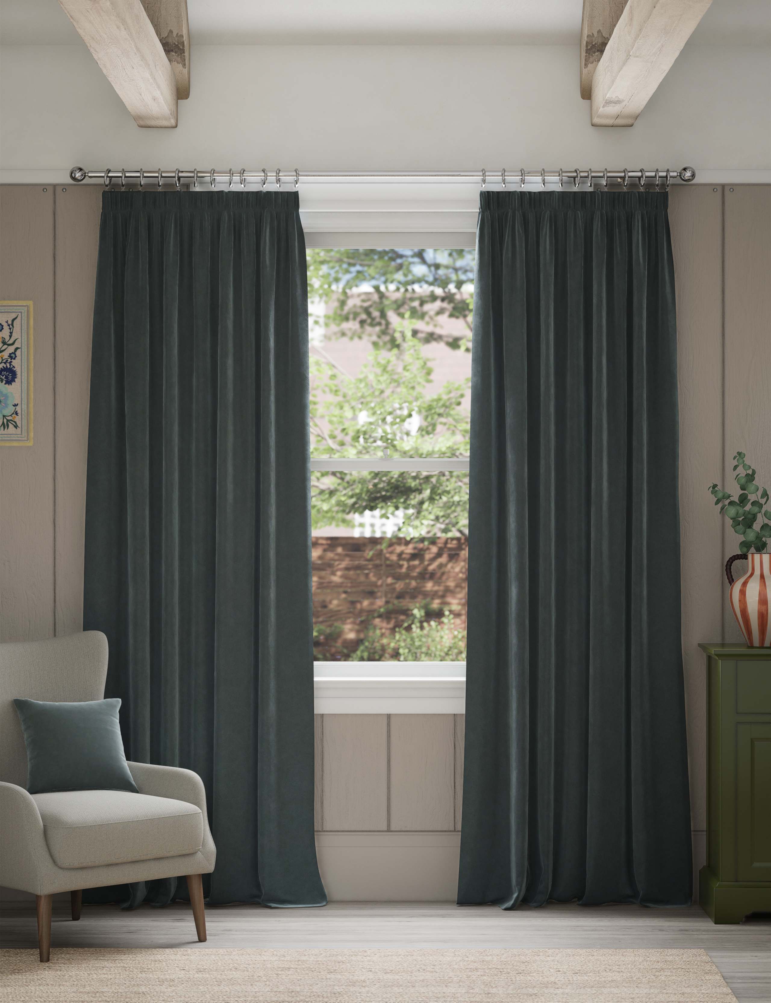 Velvet pencil pleat curtains with thermal lining, imported from the UK