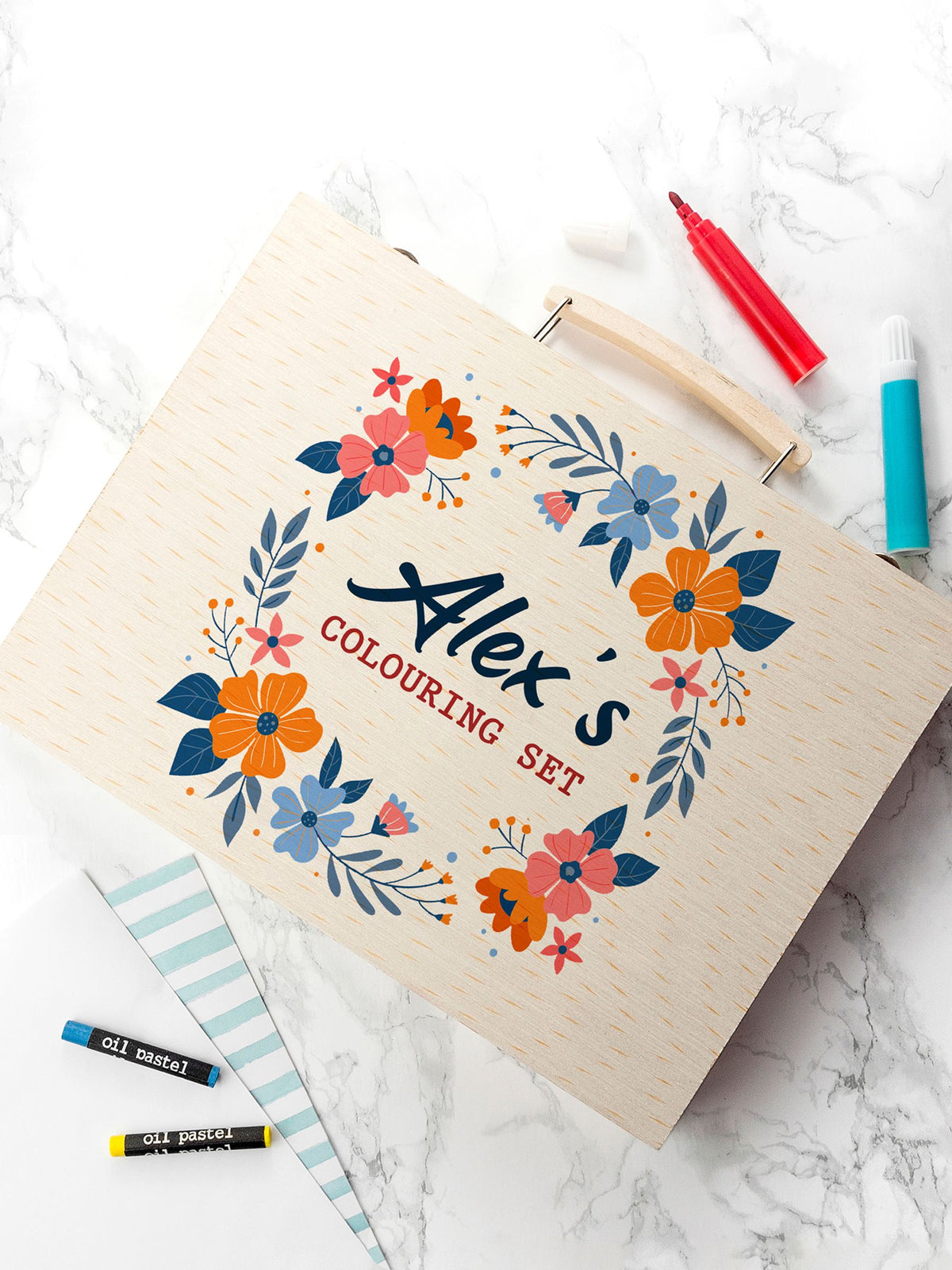 Treat Republic personalised springtime flower garland colouring set, imported from the UK
