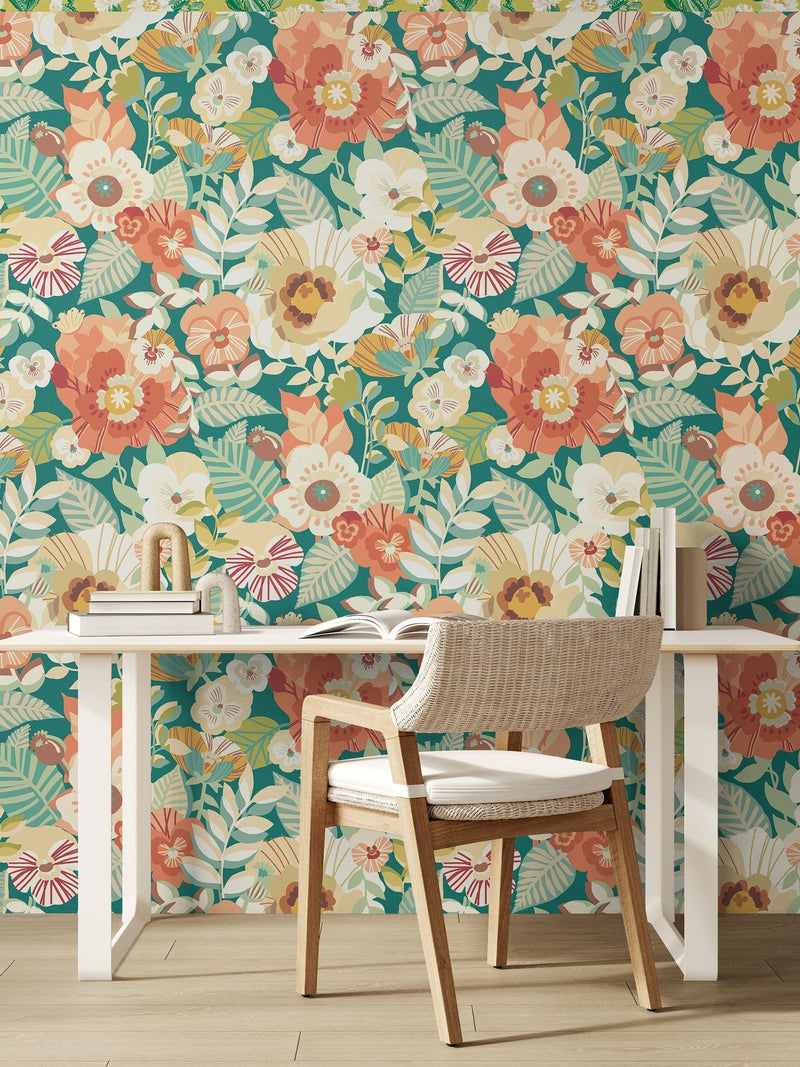 Ohpopsi wallpaper sample Emerald Glow Poppies and Pansies A4, imported from the UK
