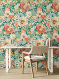 Ohpopsi wallpaper sample Emerald Glow Poppies and Pansies A4, imported from the UK