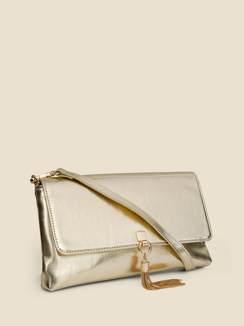 Sosandar gold metallic tassel clutch bag with chain strap, UK version