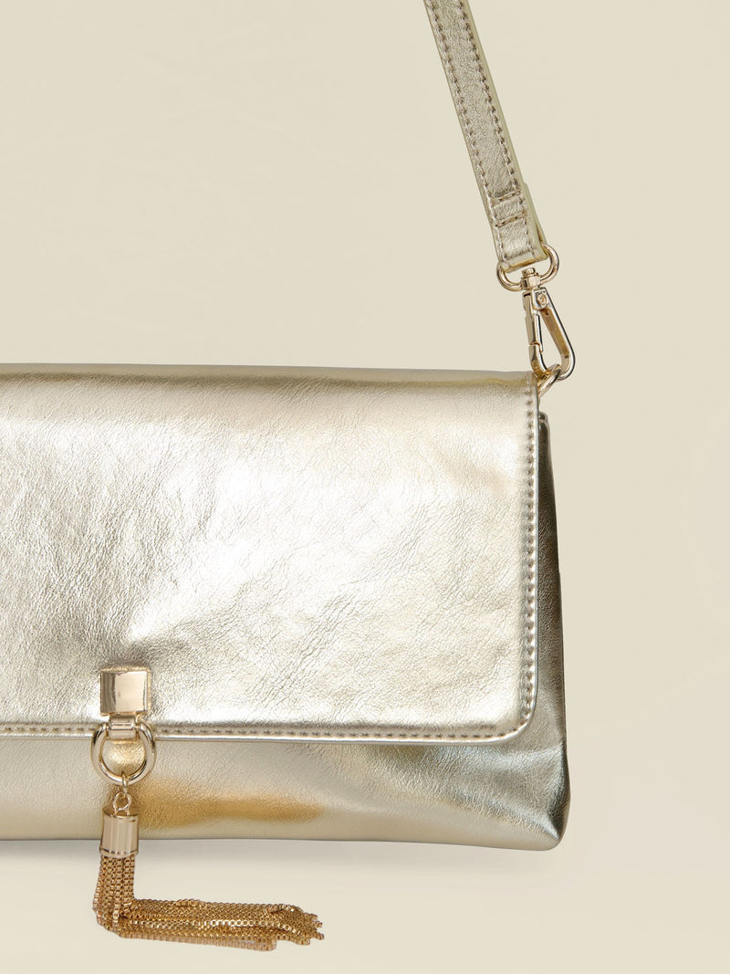 Sosandar gold metallic tassel clutch bag with chain strap, UK version