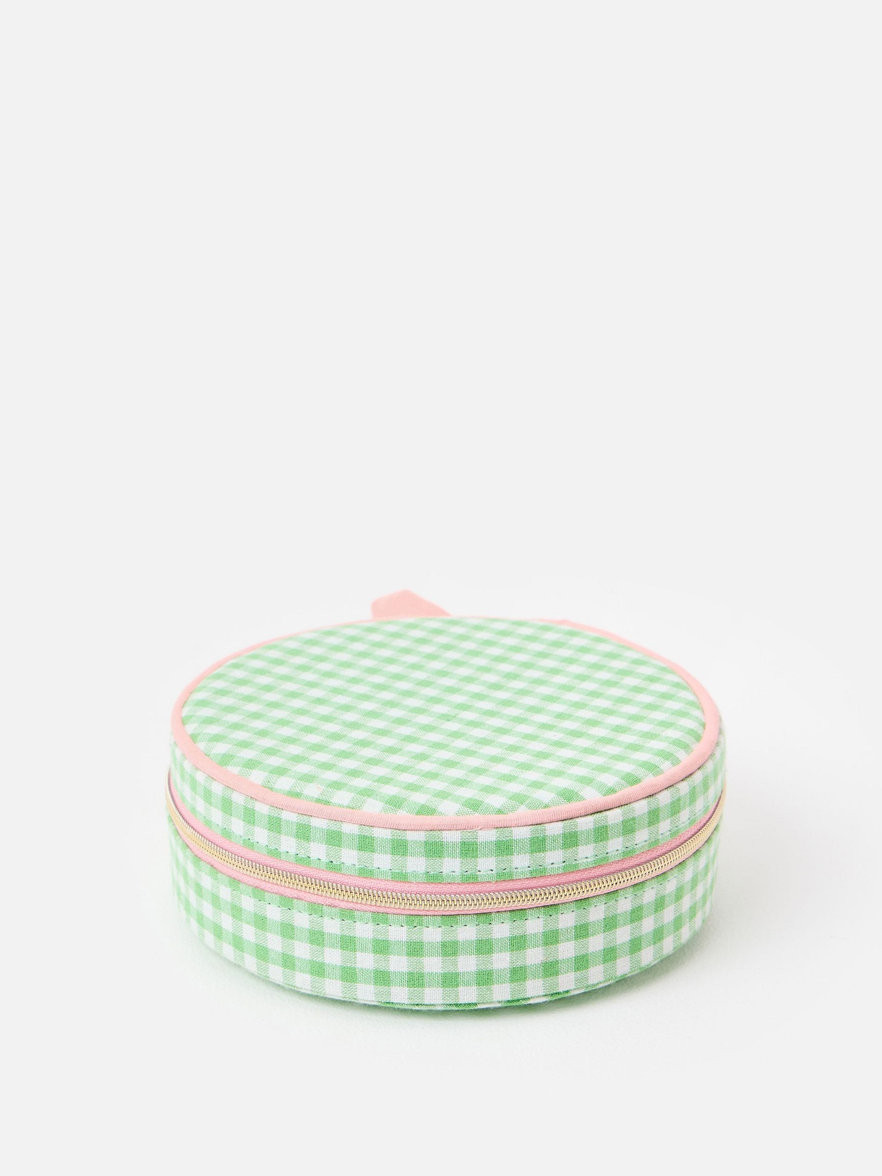 Oliver Bonas green gingham round jewellery box - British product