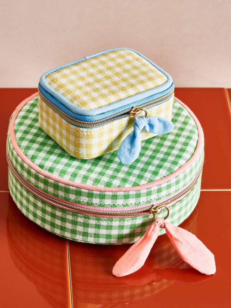 Oliver Bonas green gingham round jewellery box - British product