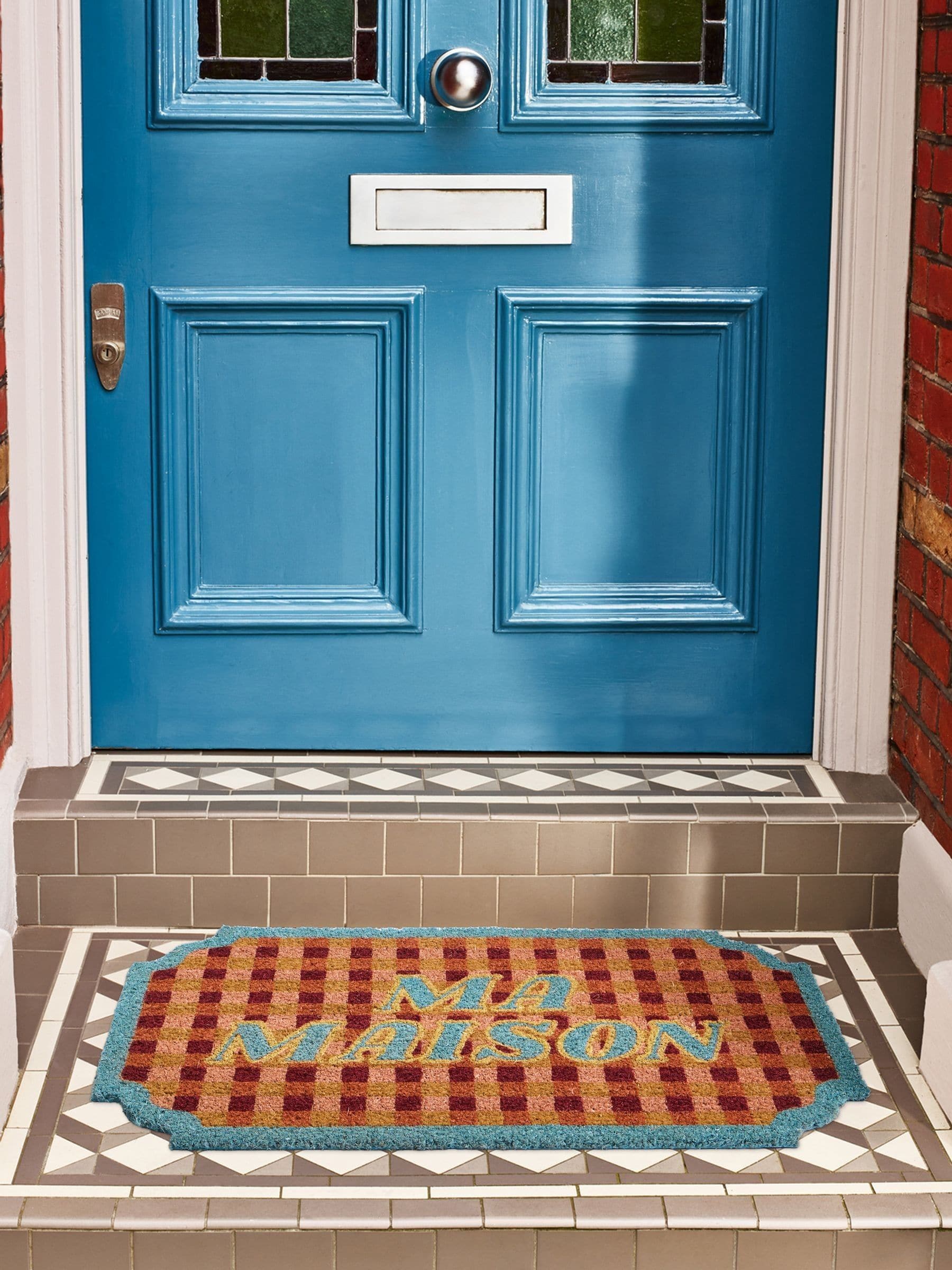 Oliver Bonas pink chequerboard doormat 43x73cm, imported from the UK