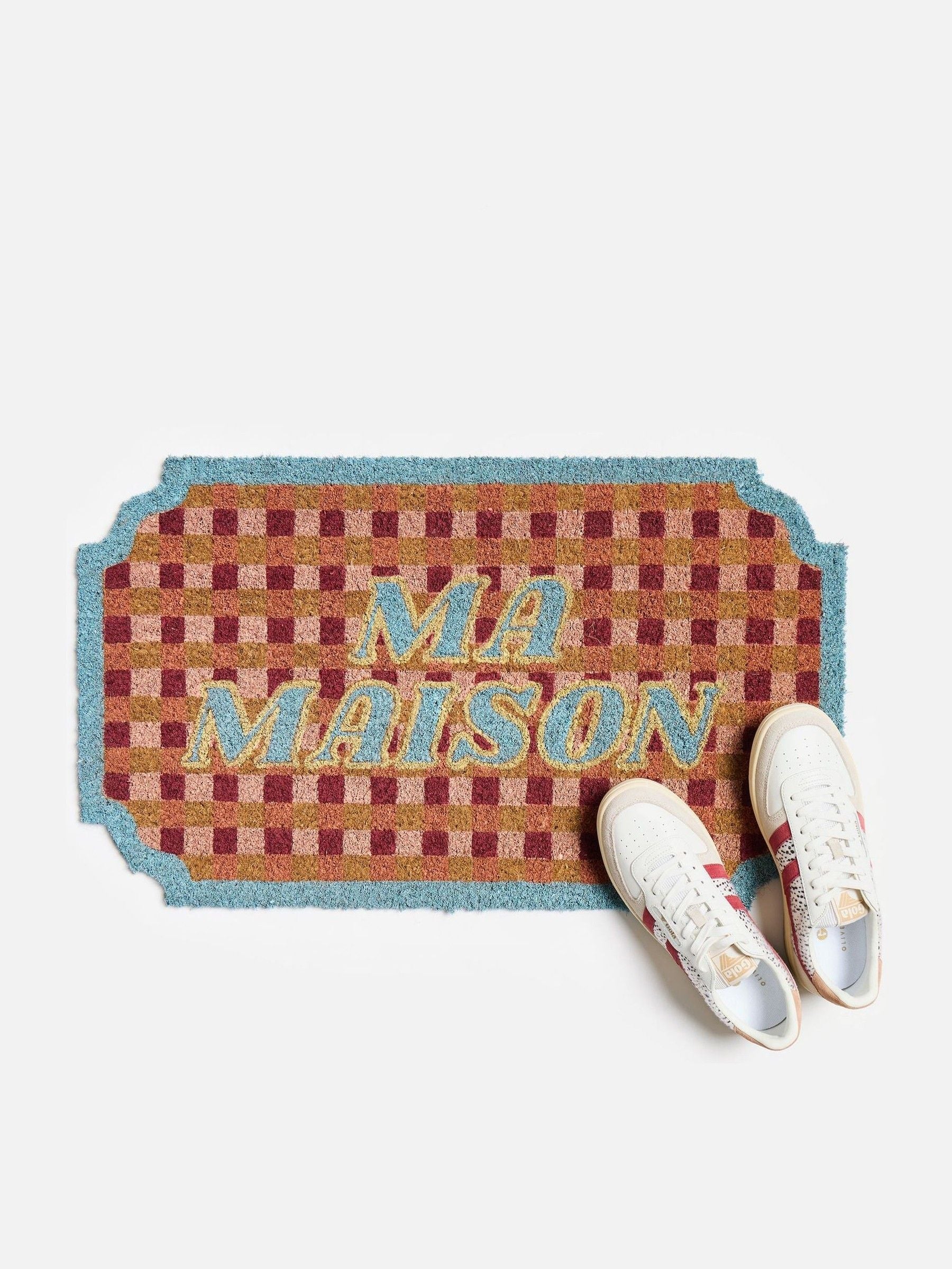 Oliver Bonas pink chequerboard doormat 43x73cm, imported from the UK
