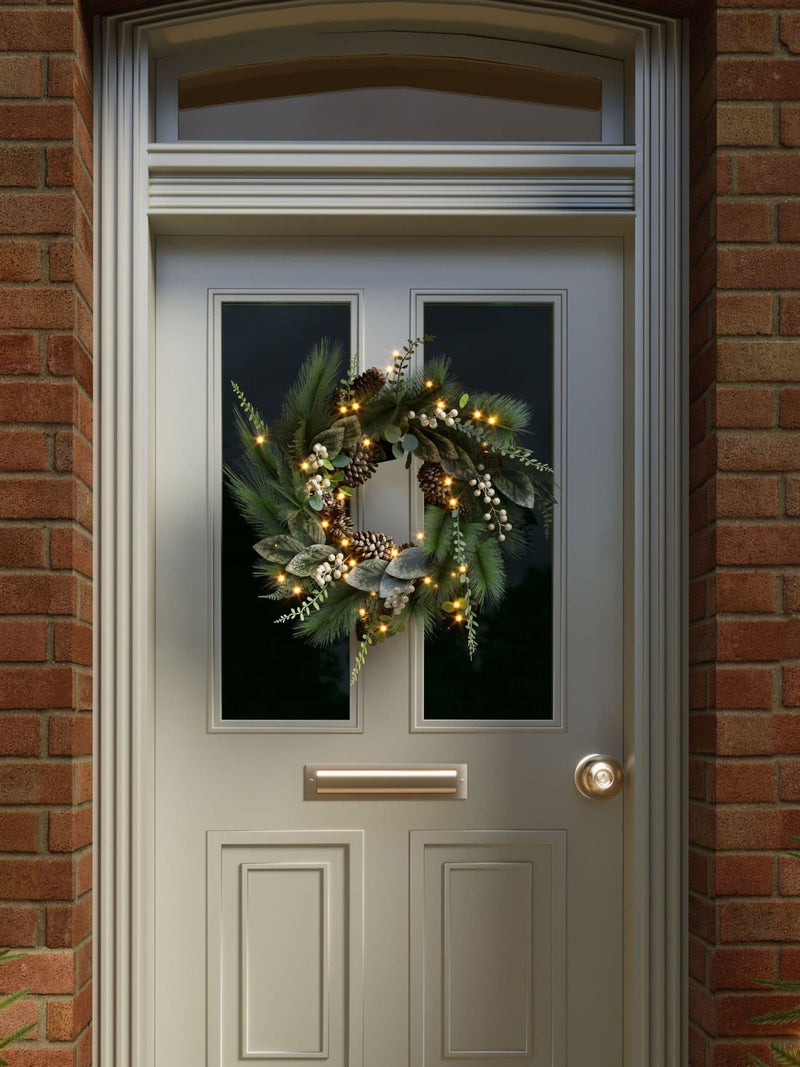 Charles Bentley Pre-Lit Berry & Pinecone Eucalyptus Wreath 55cm - British product