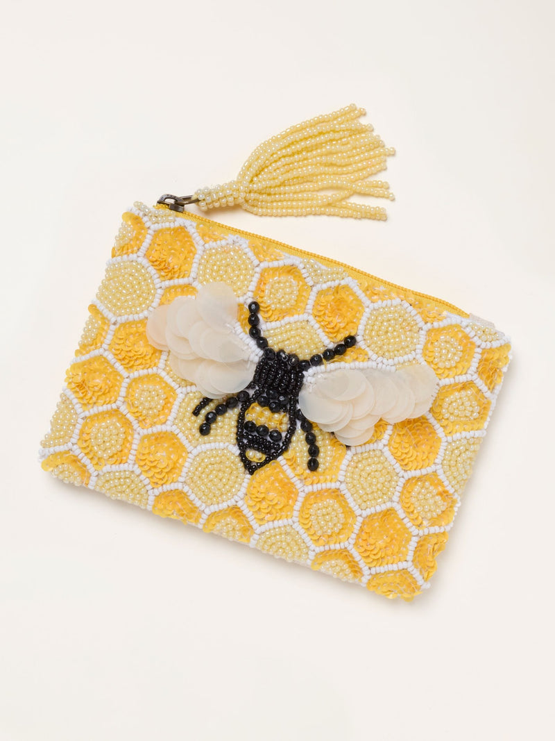 FatFace yellow bee beaded sequin pouch 10cm by 14cm - British product