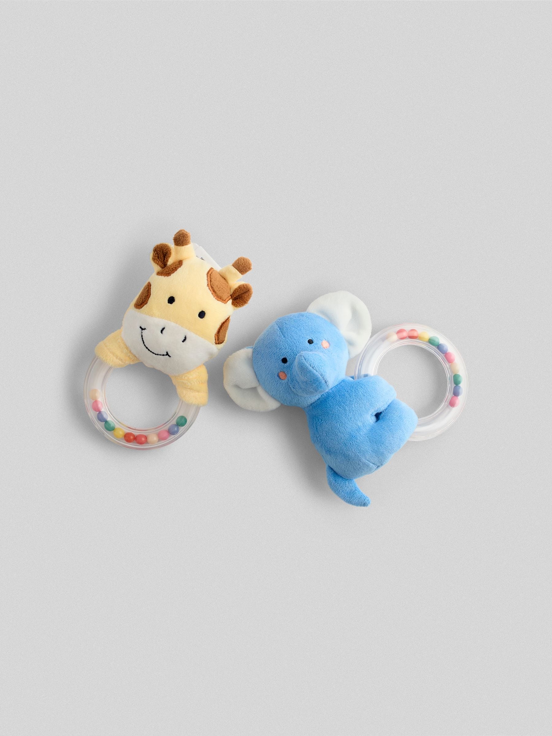 JoJo Maman Bébé elephant and giraffe ring rattle set (British brand)