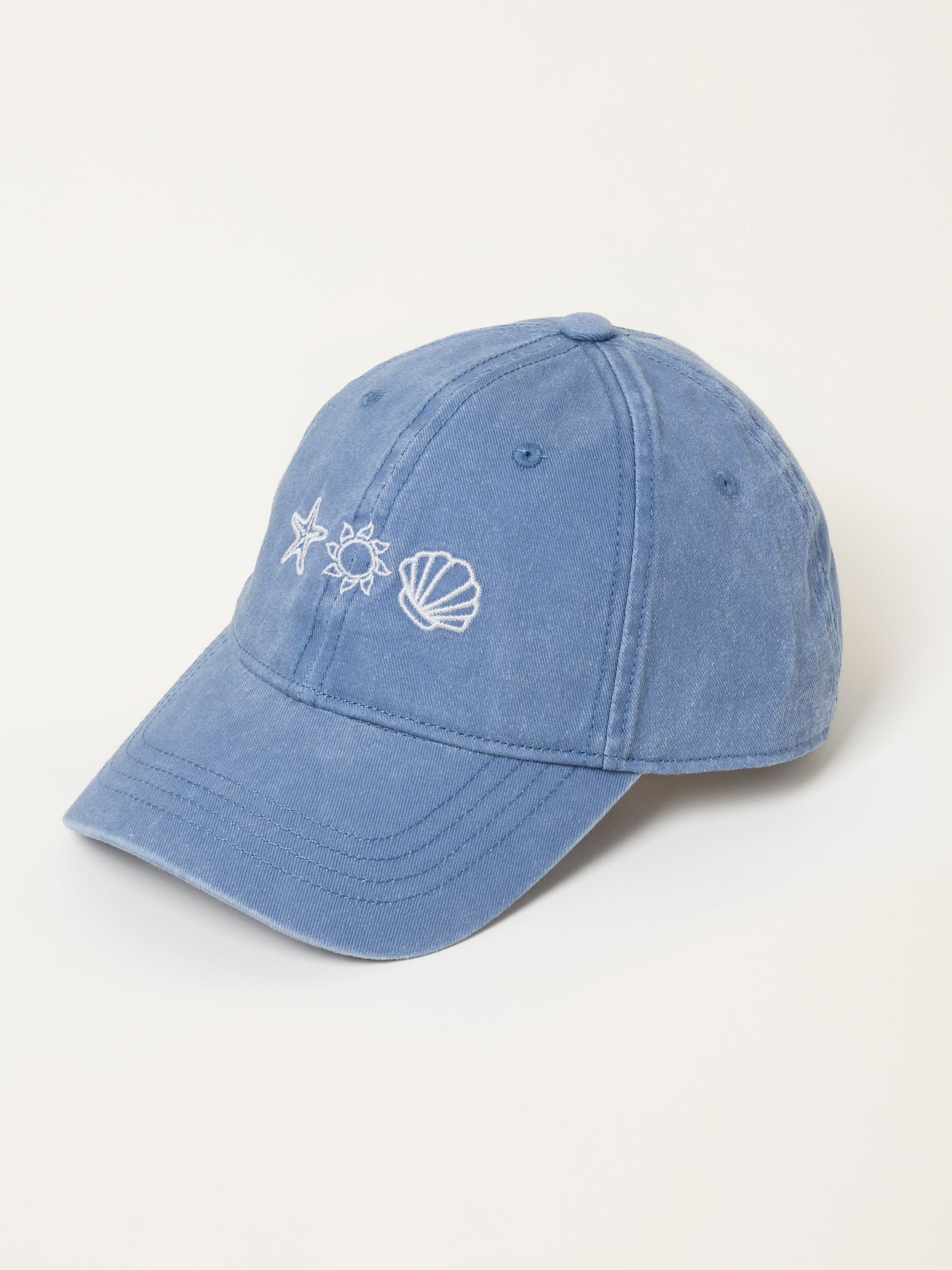 FatFace blue Marine Conservation cap with embroidered starfish and shell, UK version