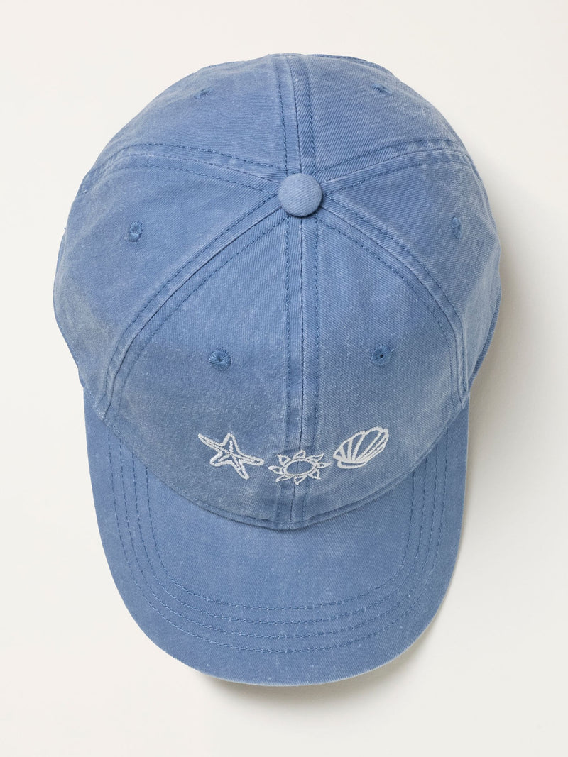 FatFace blue Marine Conservation cap with embroidered starfish and shell, UK version