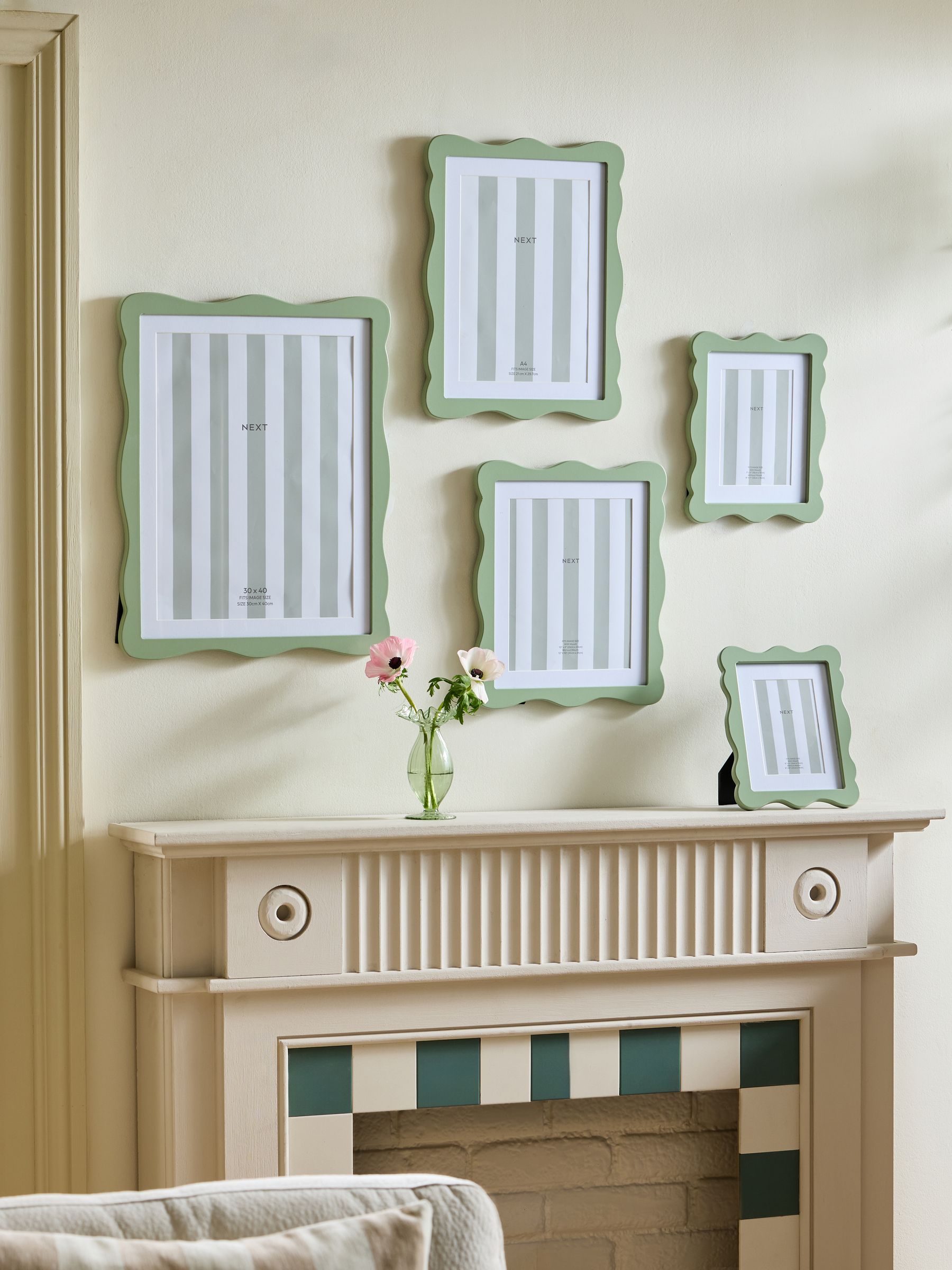 Sage green wavy wooden photo frame, UK version