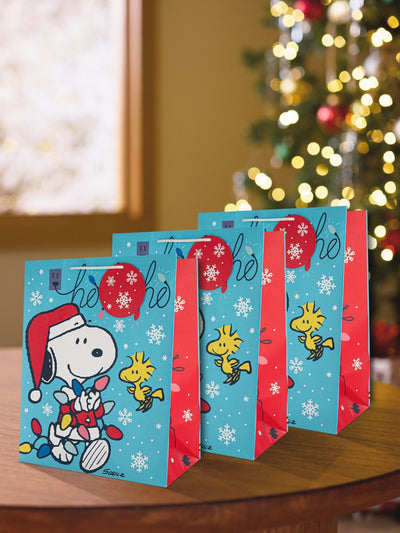 Lot de 3 grands sacs cadeaux de Noël avec poignées en tricot et étiquettes cadeaux flocons de neige