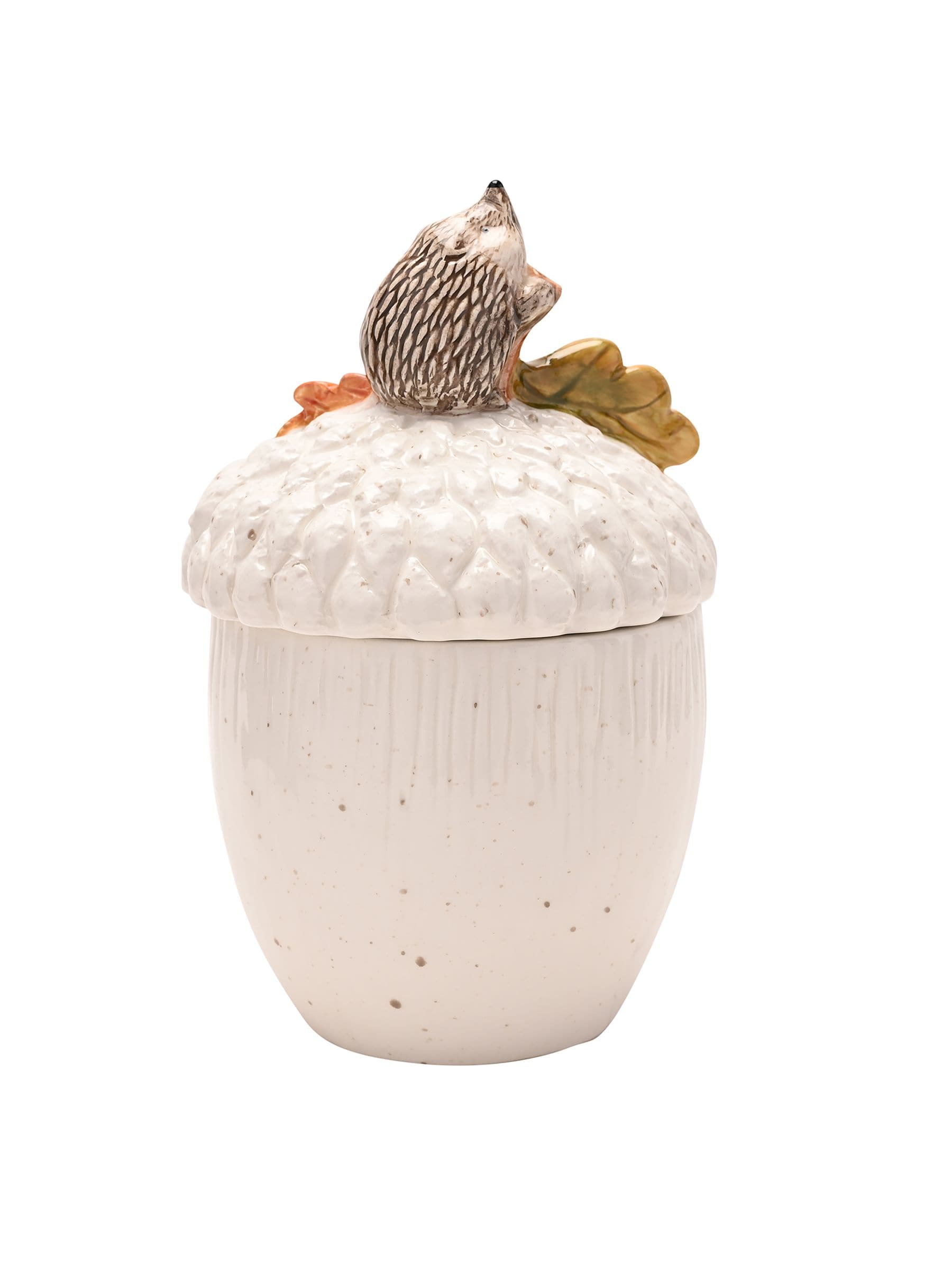 Widdop white storage jar with hedgehog on acorn 18cm height (British brand)