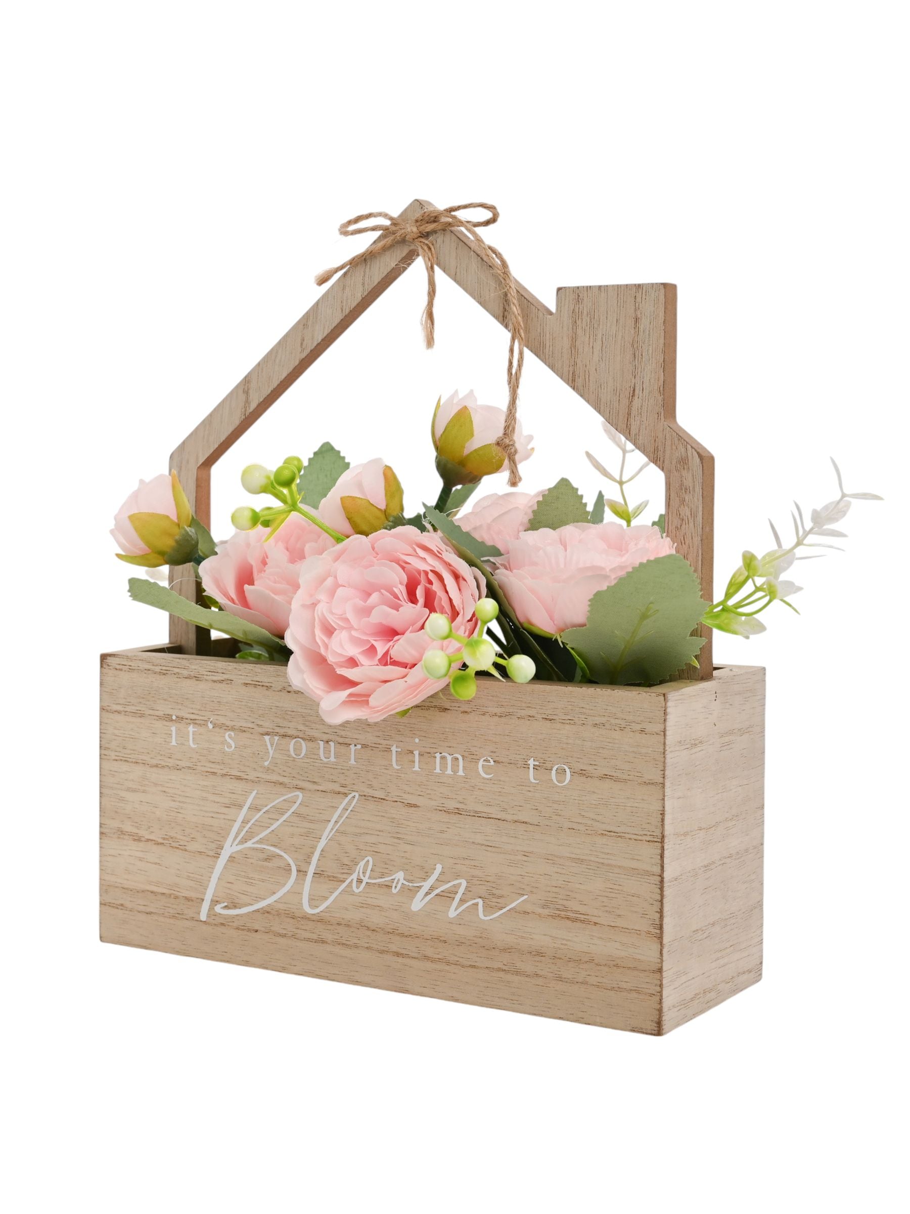 Widdop Brown house planter with pink faux roses, UK version