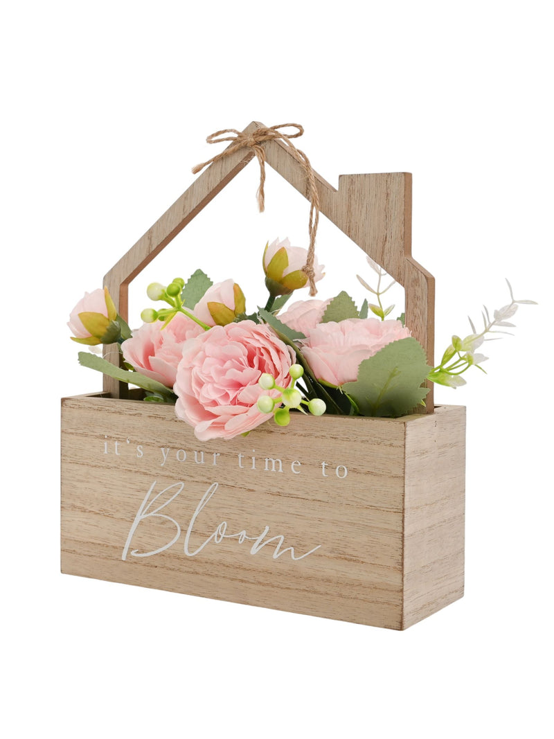 Widdop Brown house planter with pink faux roses, UK version
