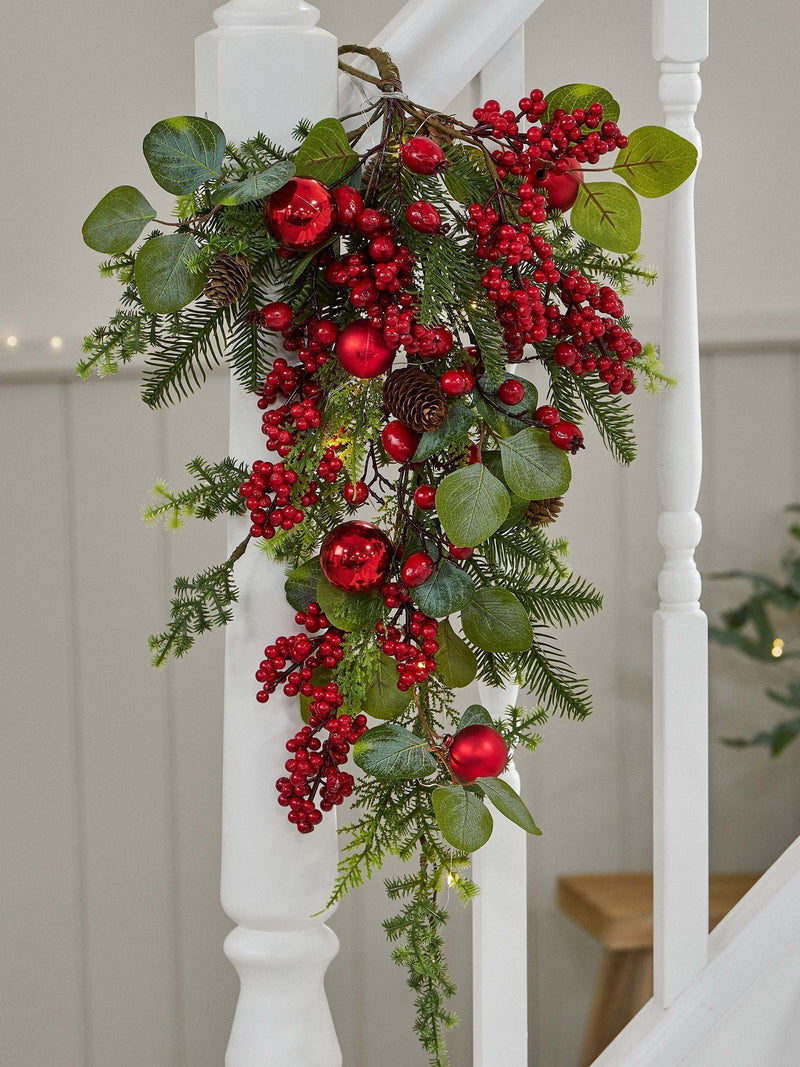 Dibor pre-lit Christmas swag with berries and baubles 70cm - British product