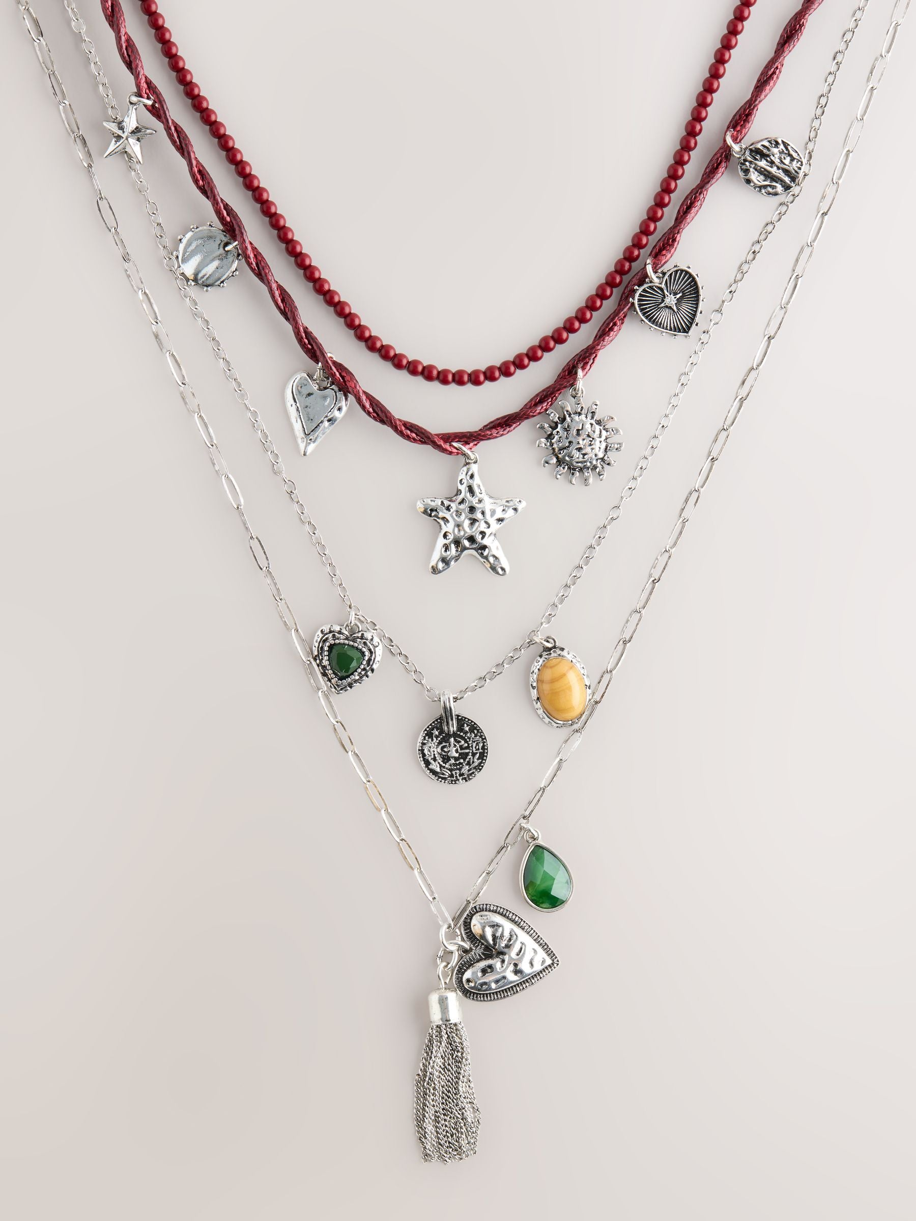 Red/Silver Cord Charm 4 Layer Necklace, imported from the UK