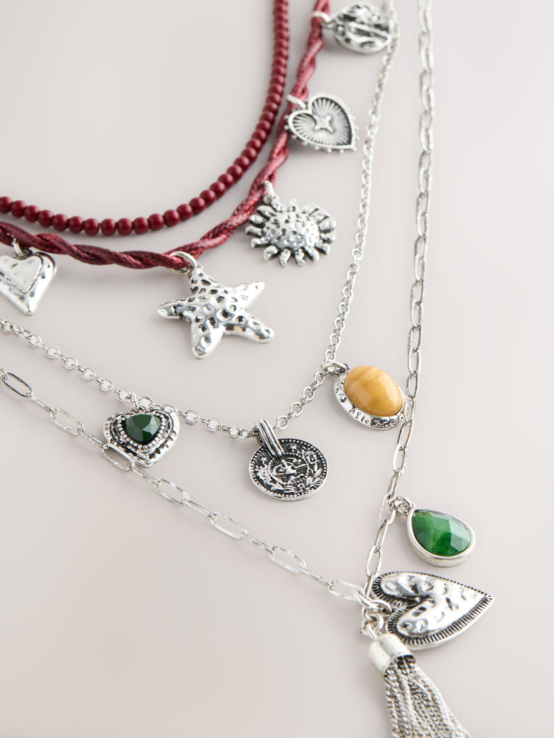 Red/Silver Cord Charm 4 Layer Necklace, imported from the UK