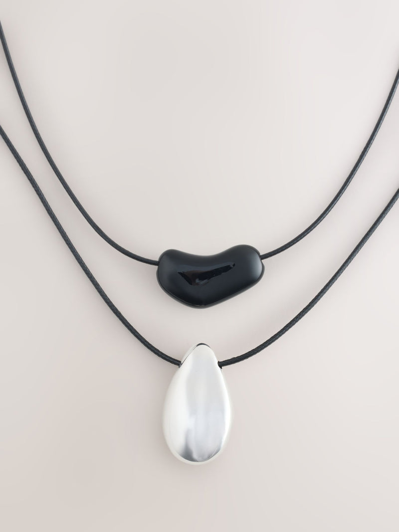Cord pendant necklace black silver 2 layer - British product