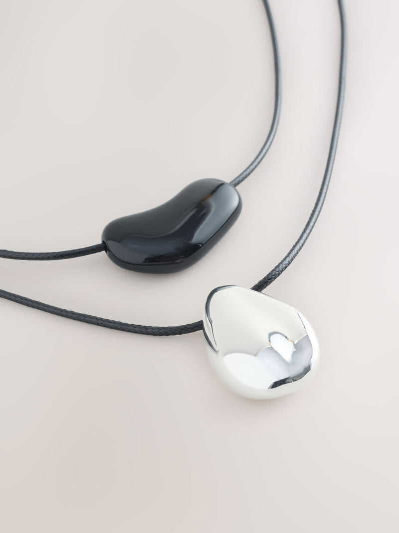 Cord pendant necklace black silver 2 layer - British product