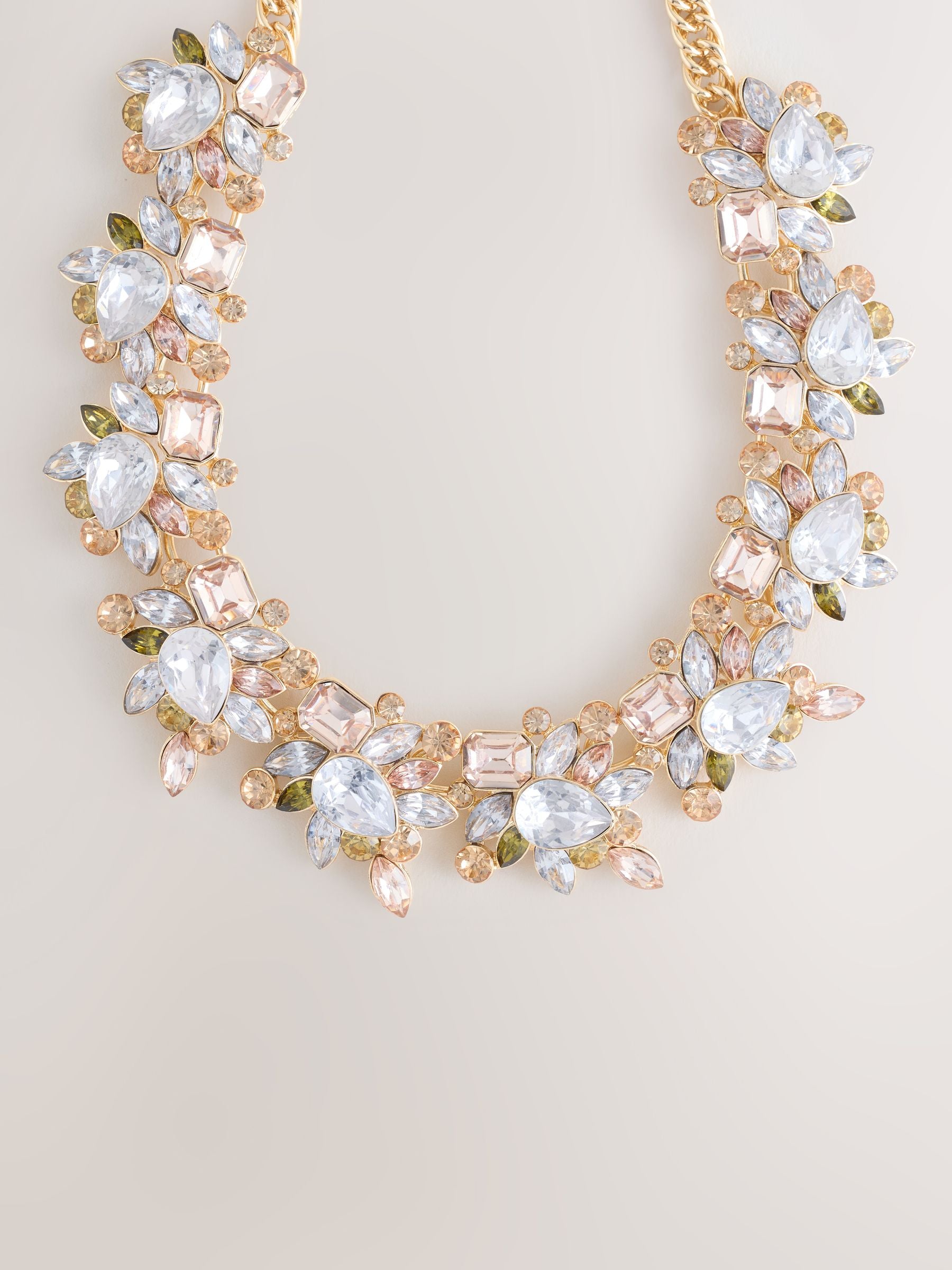 Gold tone collar necklace with pink sparkle and gemstones - British product