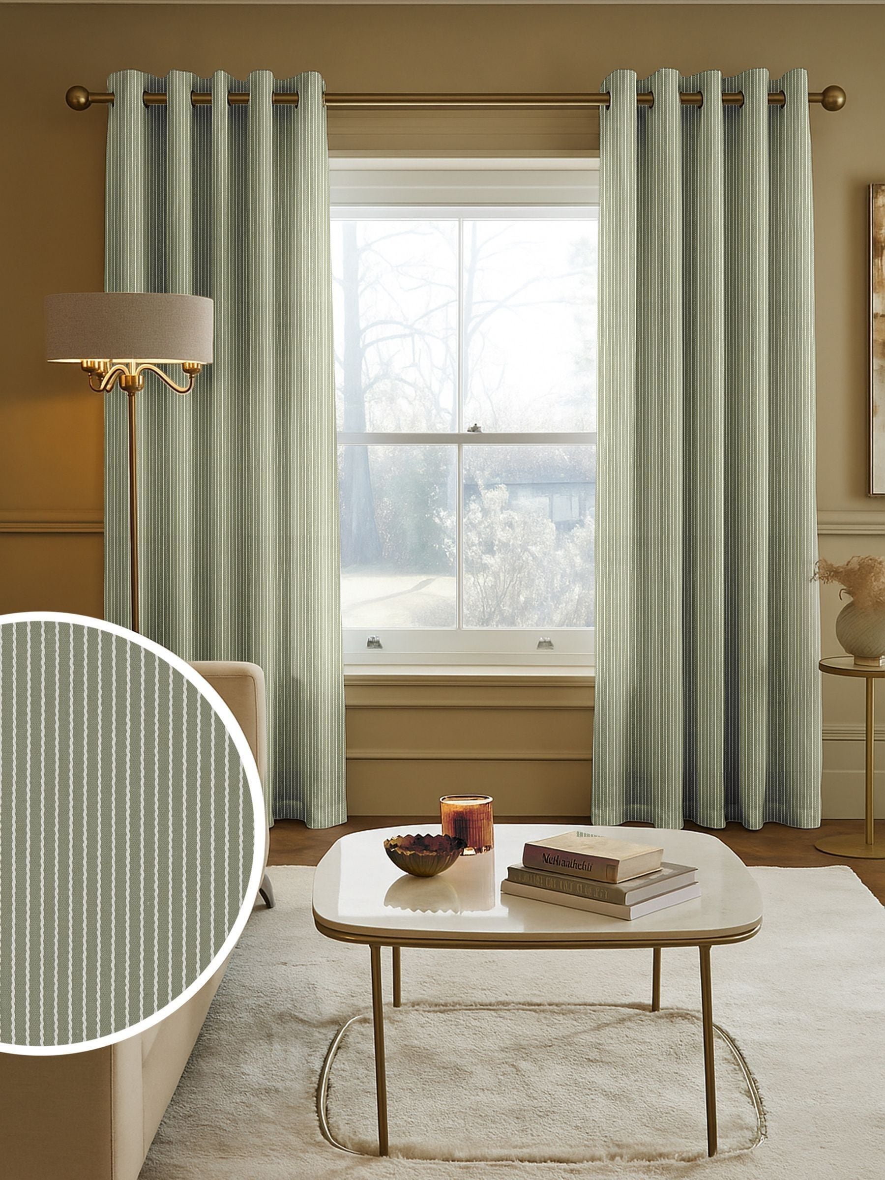 Next Green Coil made to measure curtains dark green cream stripe, imported from the UK