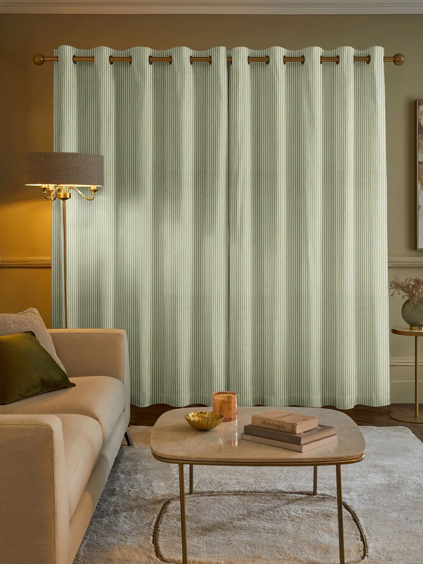 Next Green Coil made to measure curtains dark green cream stripe, imported from the UK