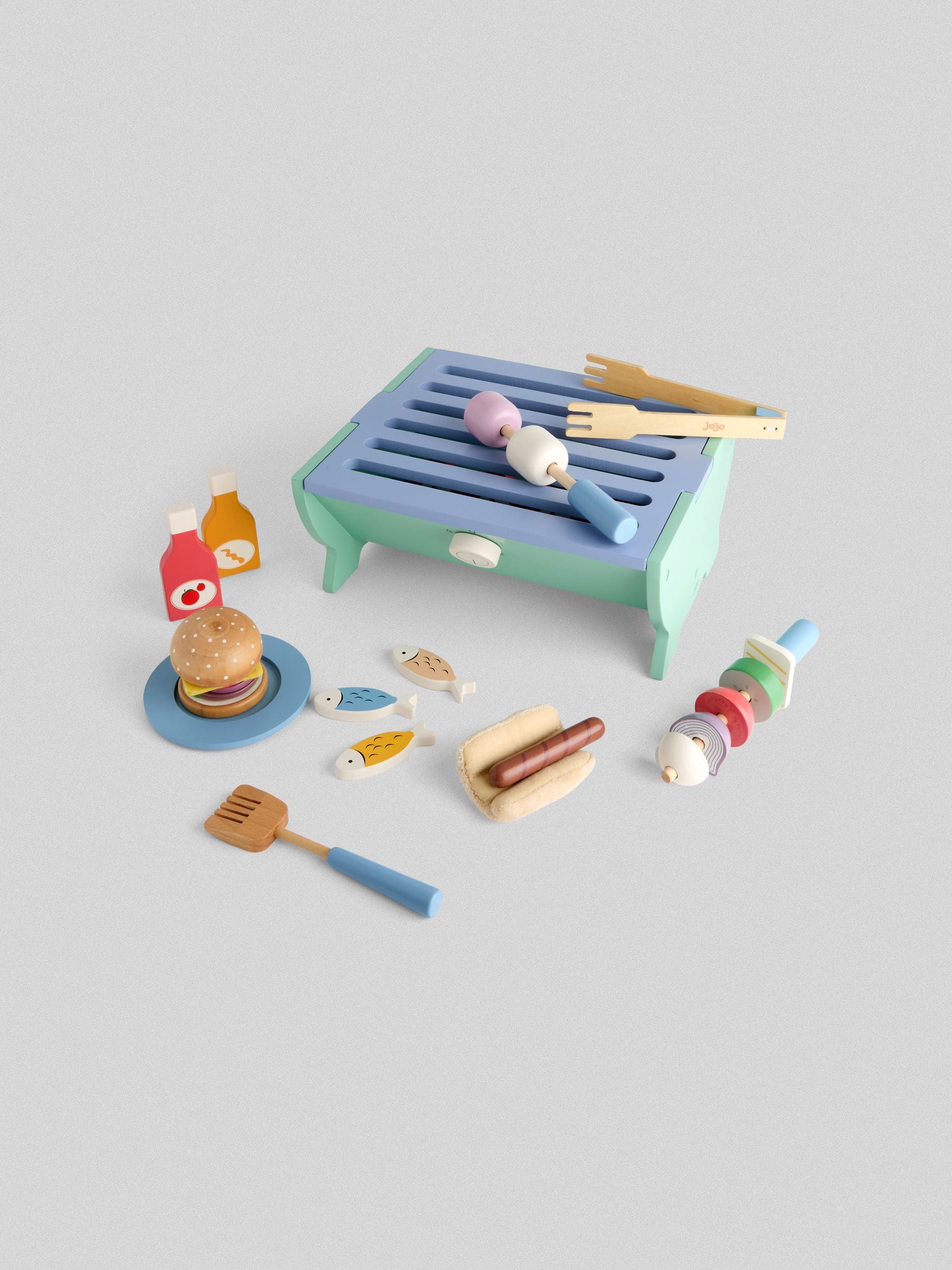 JoJo Maman Bébé blue wooden barbecue playset, imported from the UK