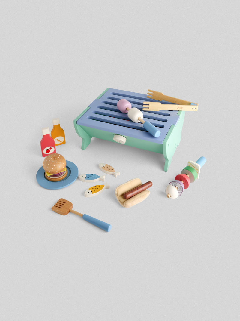 JoJo Maman Bébé blue wooden barbecue playset, imported from the UK