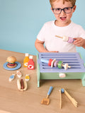 JoJo Maman Bébé blue wooden barbecue playset, imported from the UK